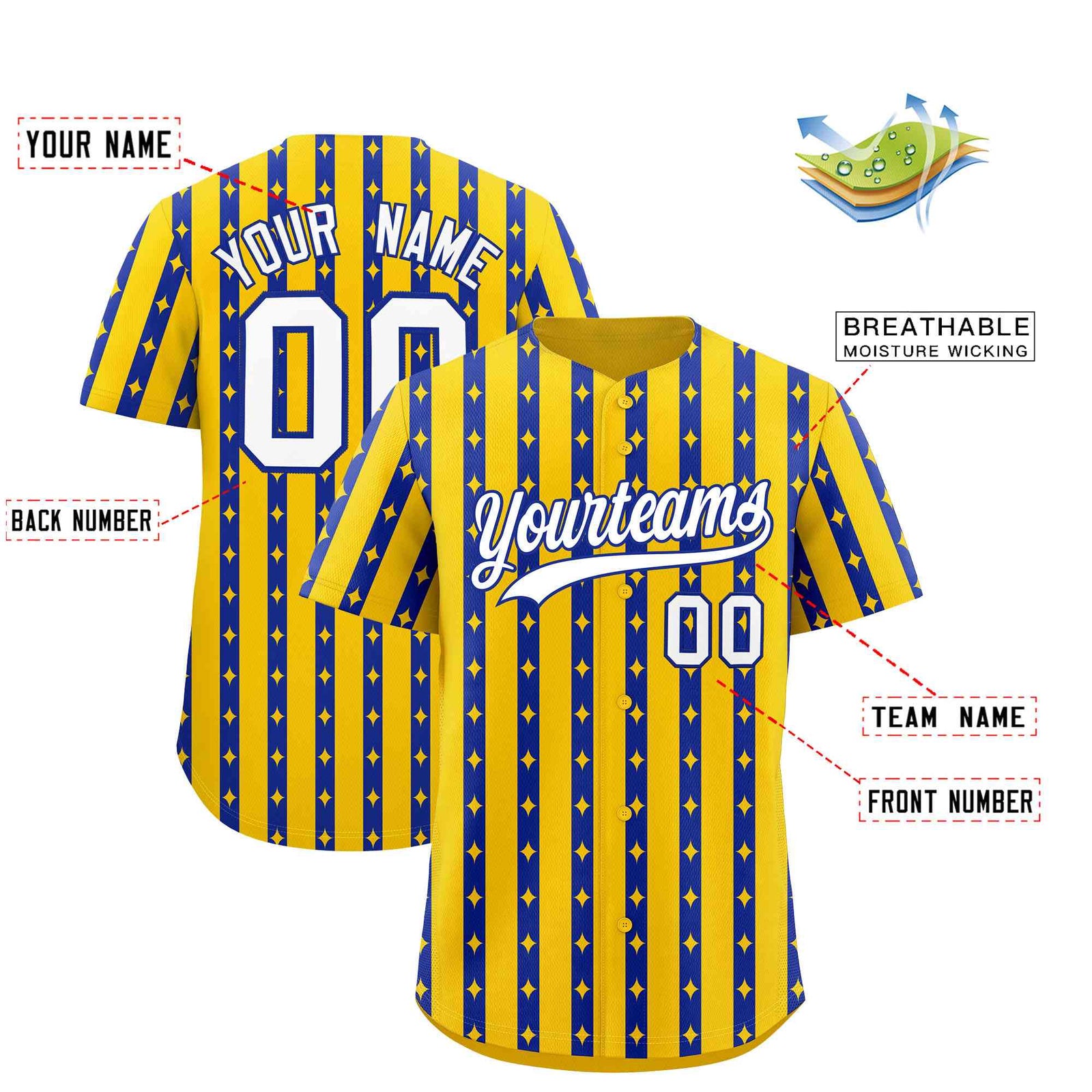 Custom Gold Royal Blue Star Pattern Thick Stripes Baseball Jersey