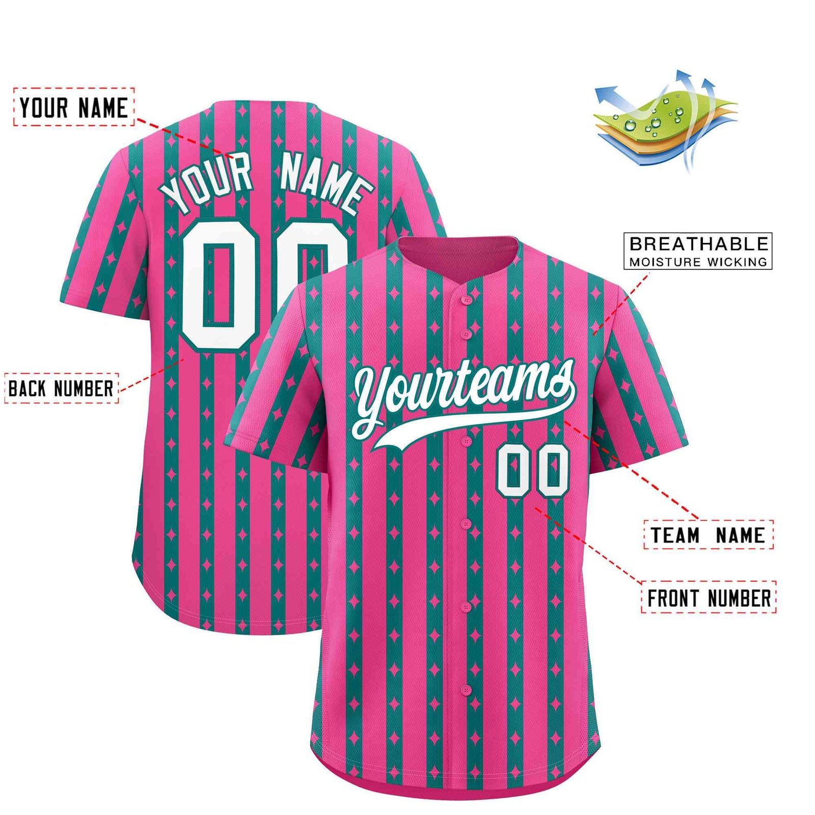 Custom Pink Teal Star Pattern Thick Stripes Baseball Jersey