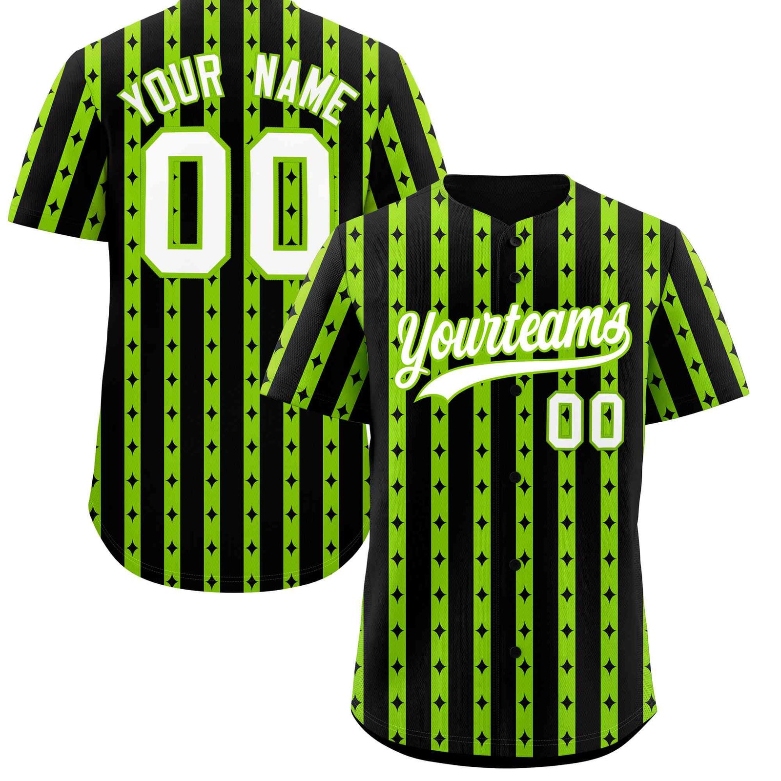 Custom Black Neon Green Star Pattern Thick Stripes Baseball Jersey