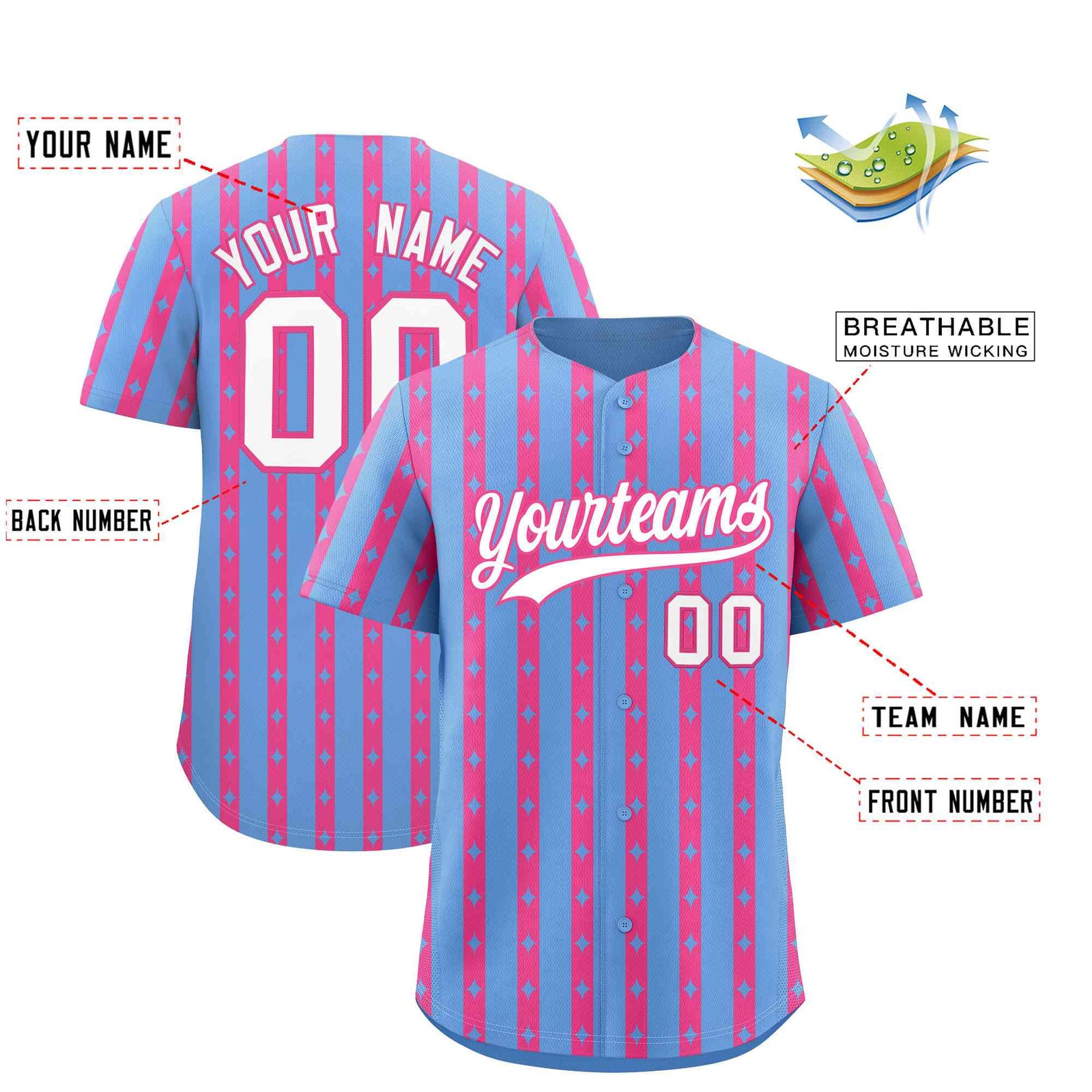 Custom Light Blue Pink Star Pattern Thick Stripes Baseball Jersey