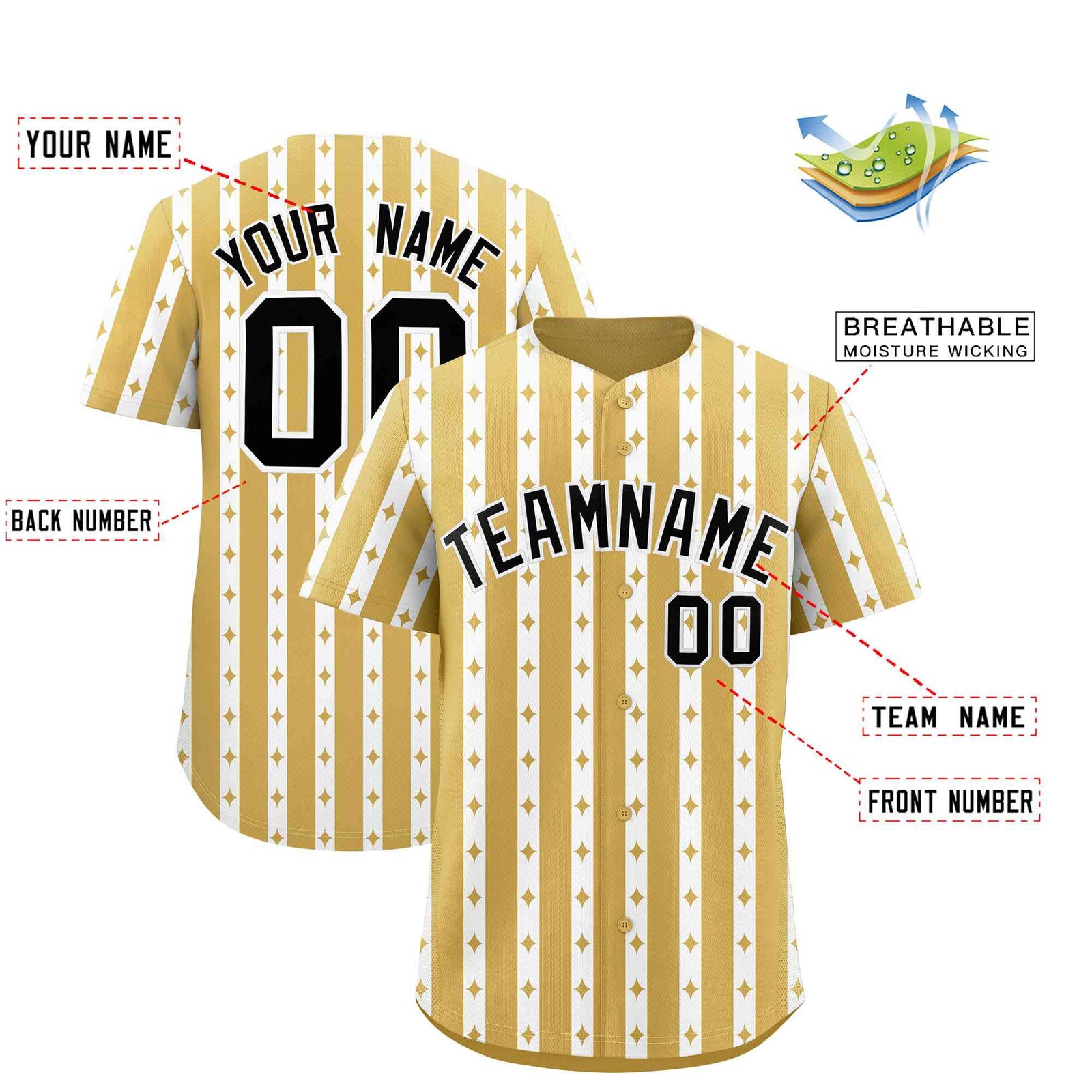 Custom Old Gold White Star Pattern Thick Stripes Baseball Jersey