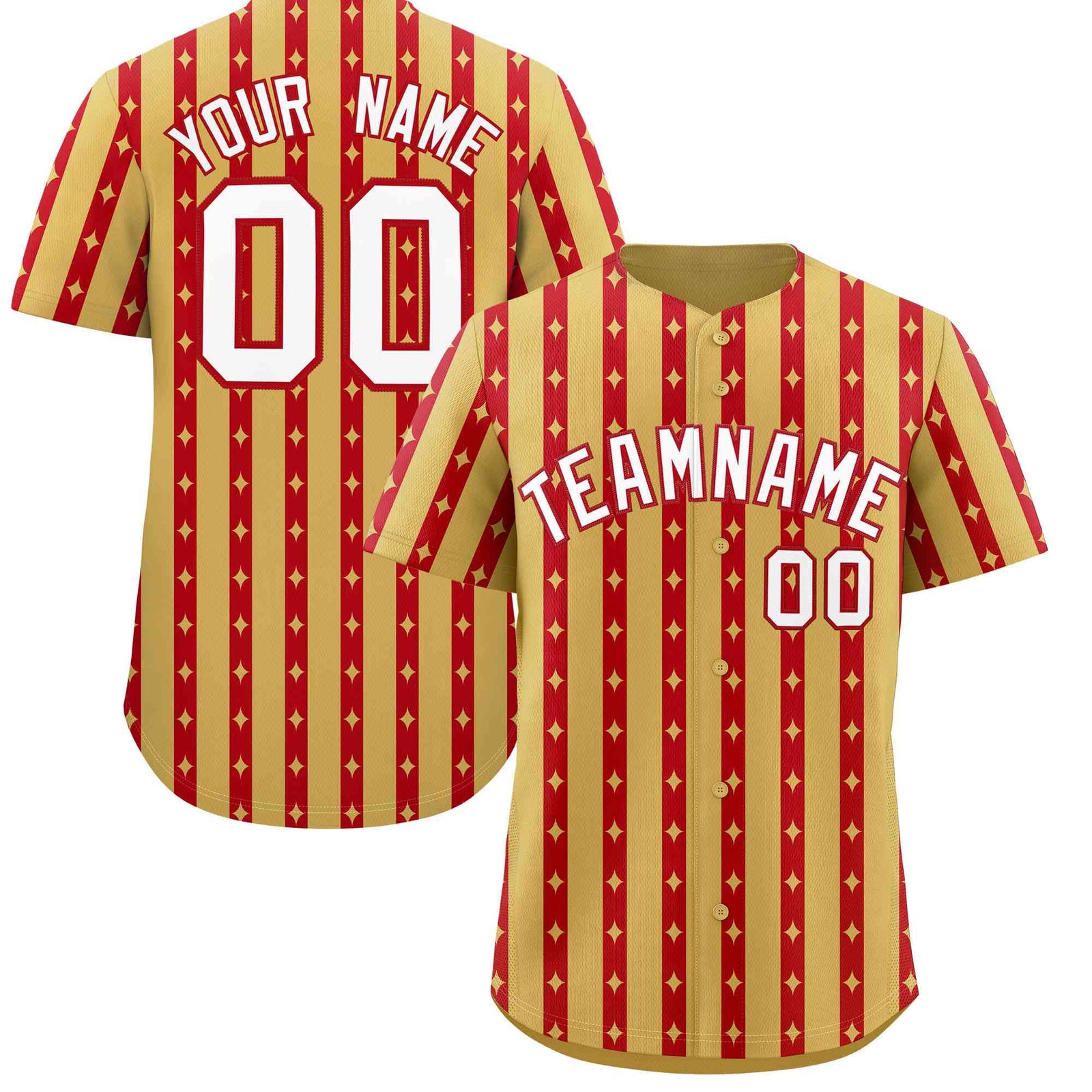 Custom Old Gold Red Star Pattern Thick Stripes Baseball Jersey
