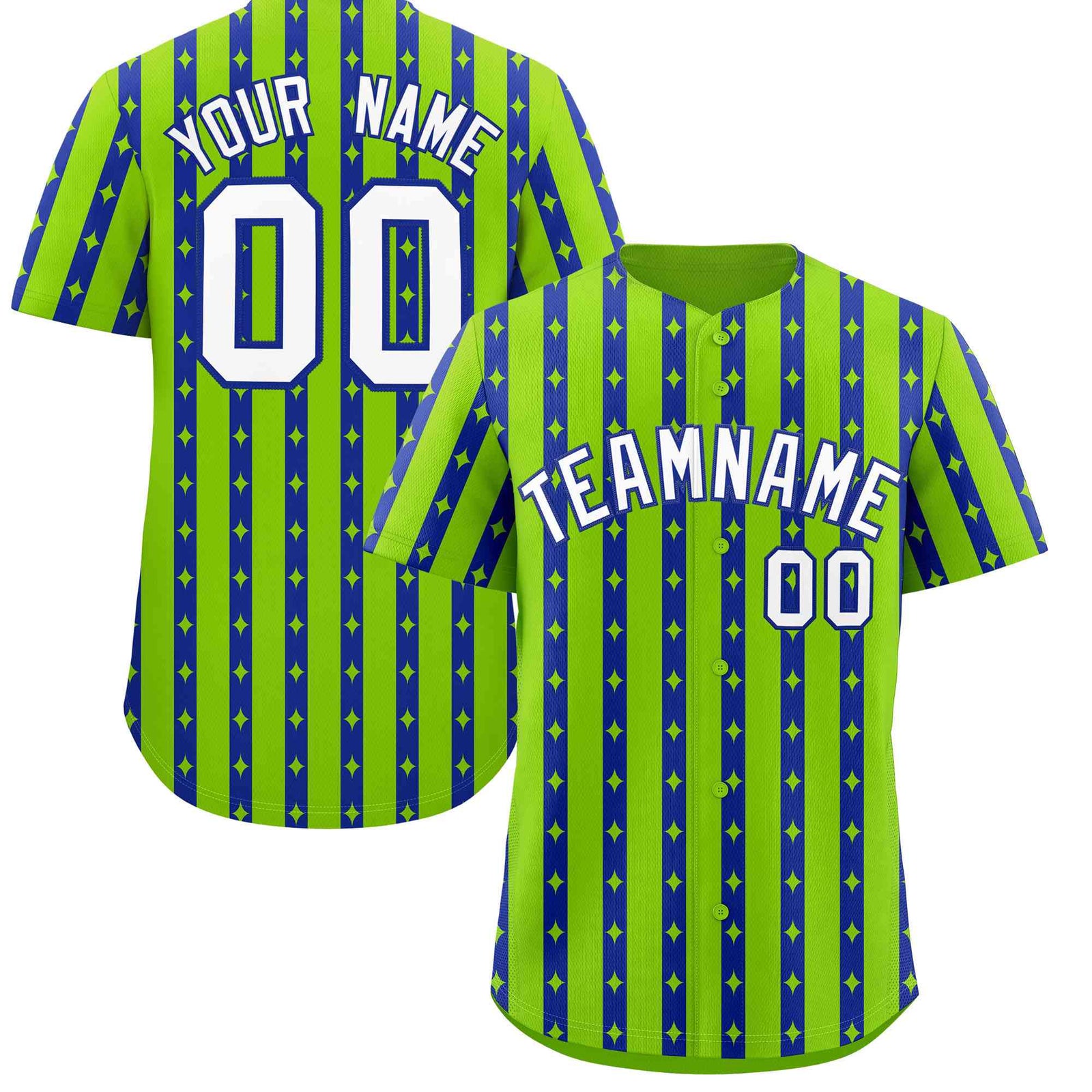 Custom Neon Green Royal Blue Star Pattern Thick Stripes Baseball Jersey