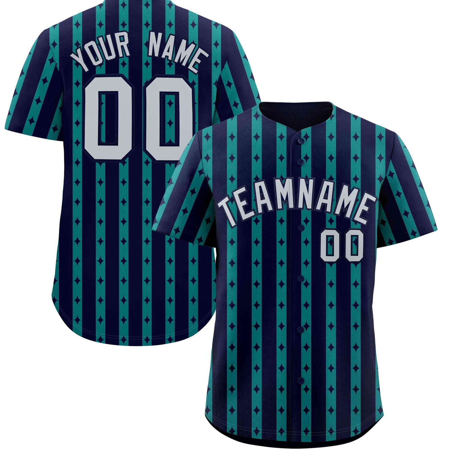 Custom Navy Teal Star Pattern Thick Stripes Baseball Jersey