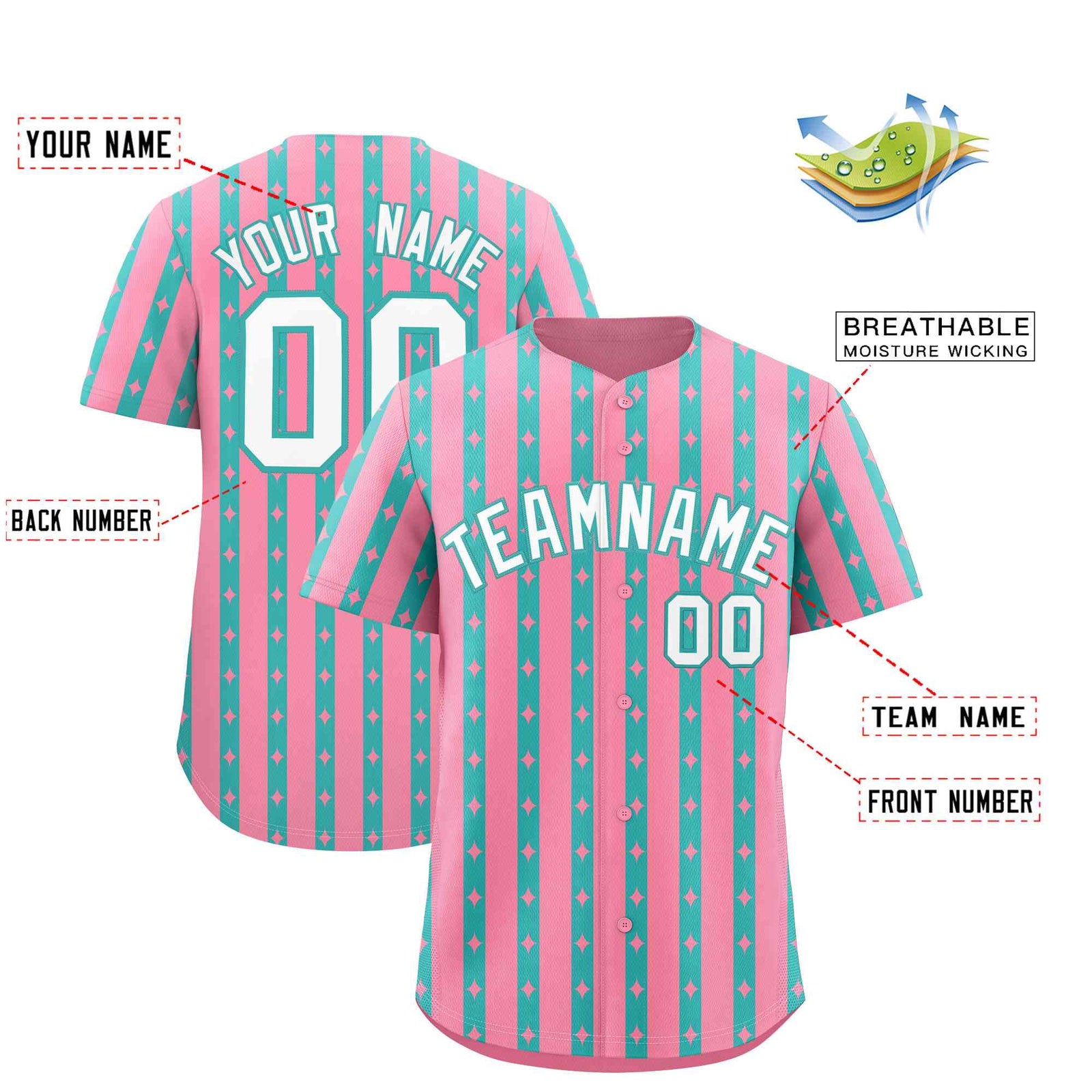 Custom Light Pink Teal Star Pattern Thick Stripes Baseball Jersey