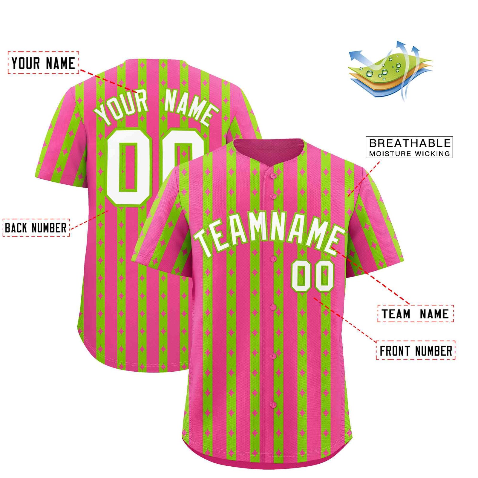 Custom Pink Neon Green Star Pattern Thick Stripes Baseball Jersey