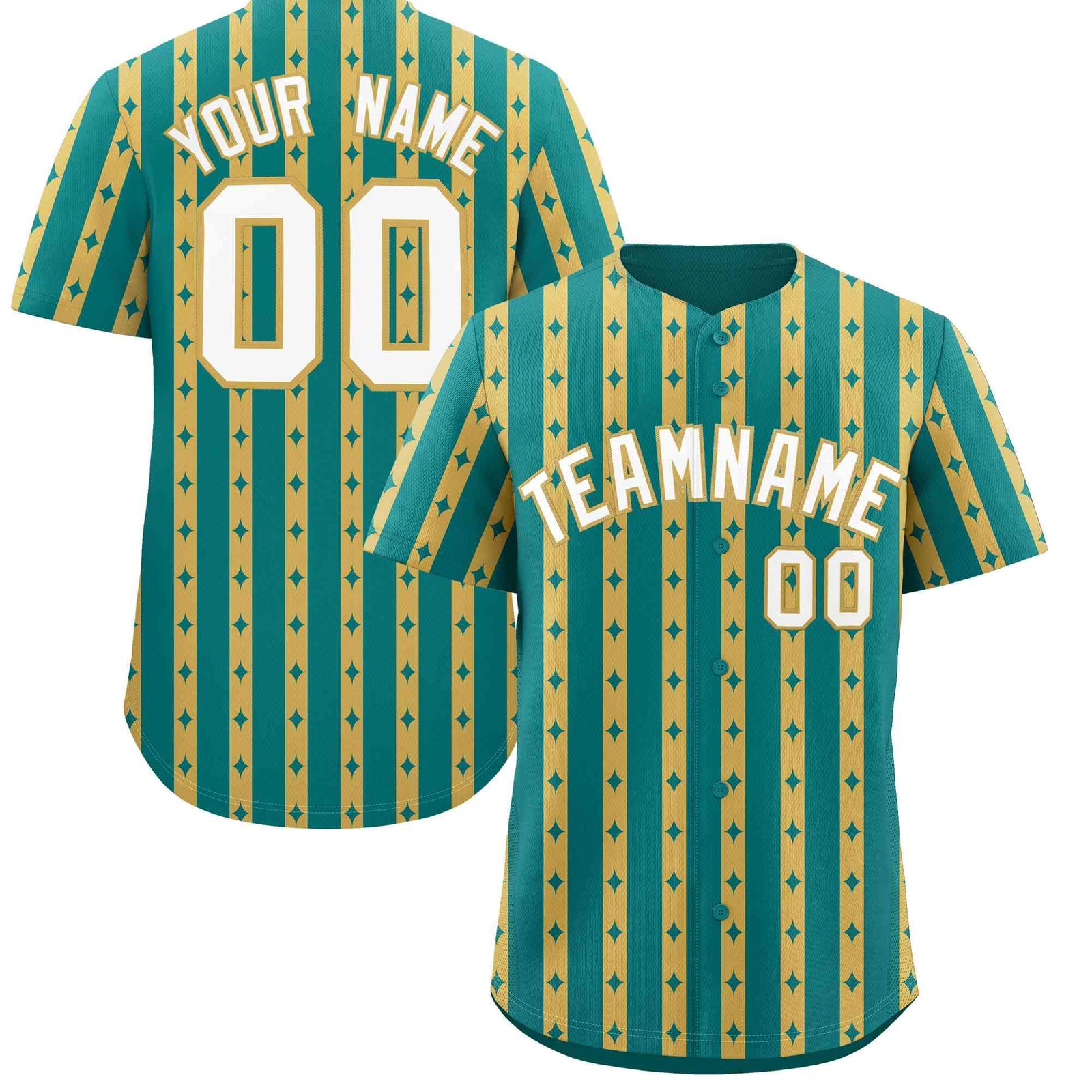 Custom Teal Old Gold Star Pattern Thick Stripes Baseball Jersey