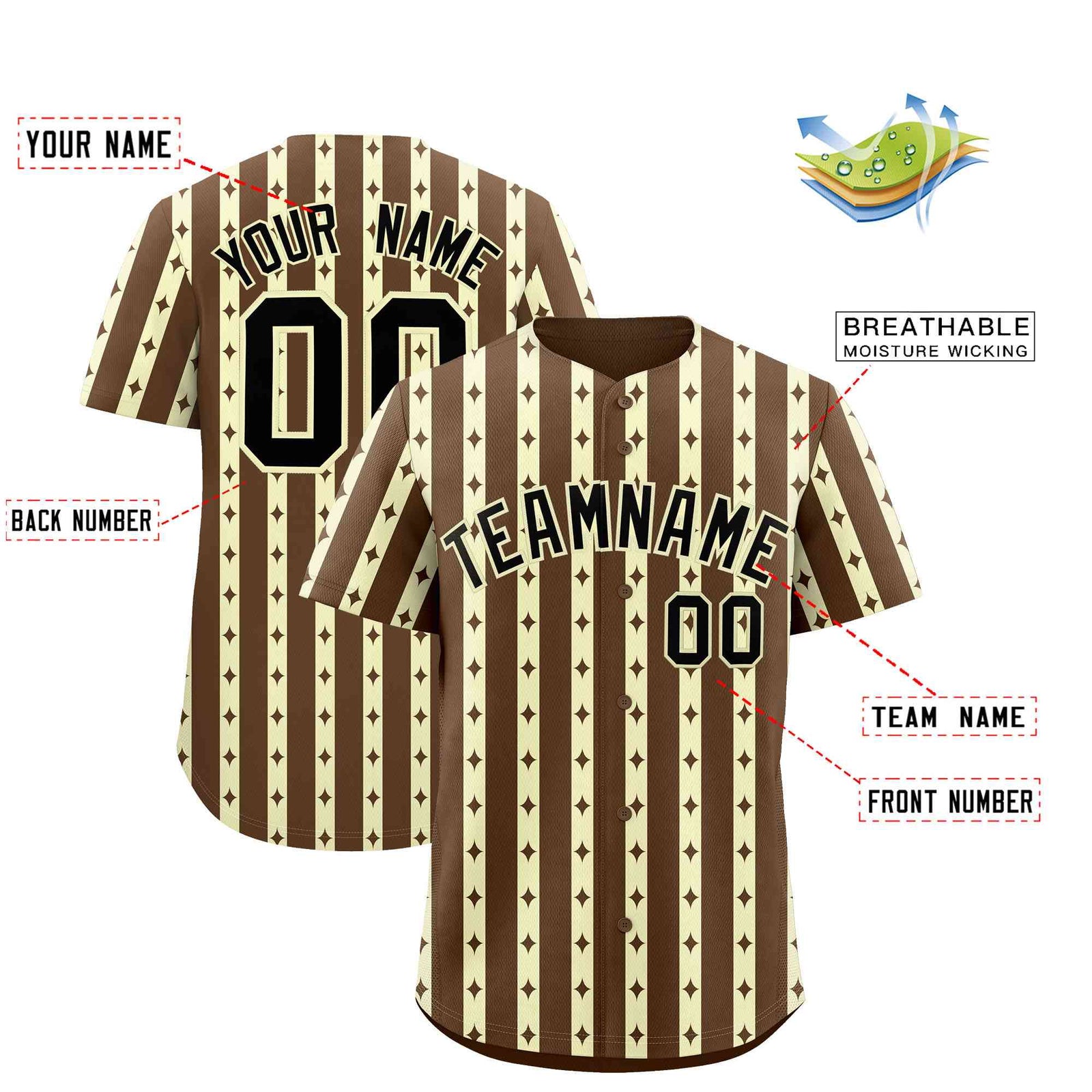 Custom Light Brown Cream Star Pattern Thick Stripes Baseball Jersey
