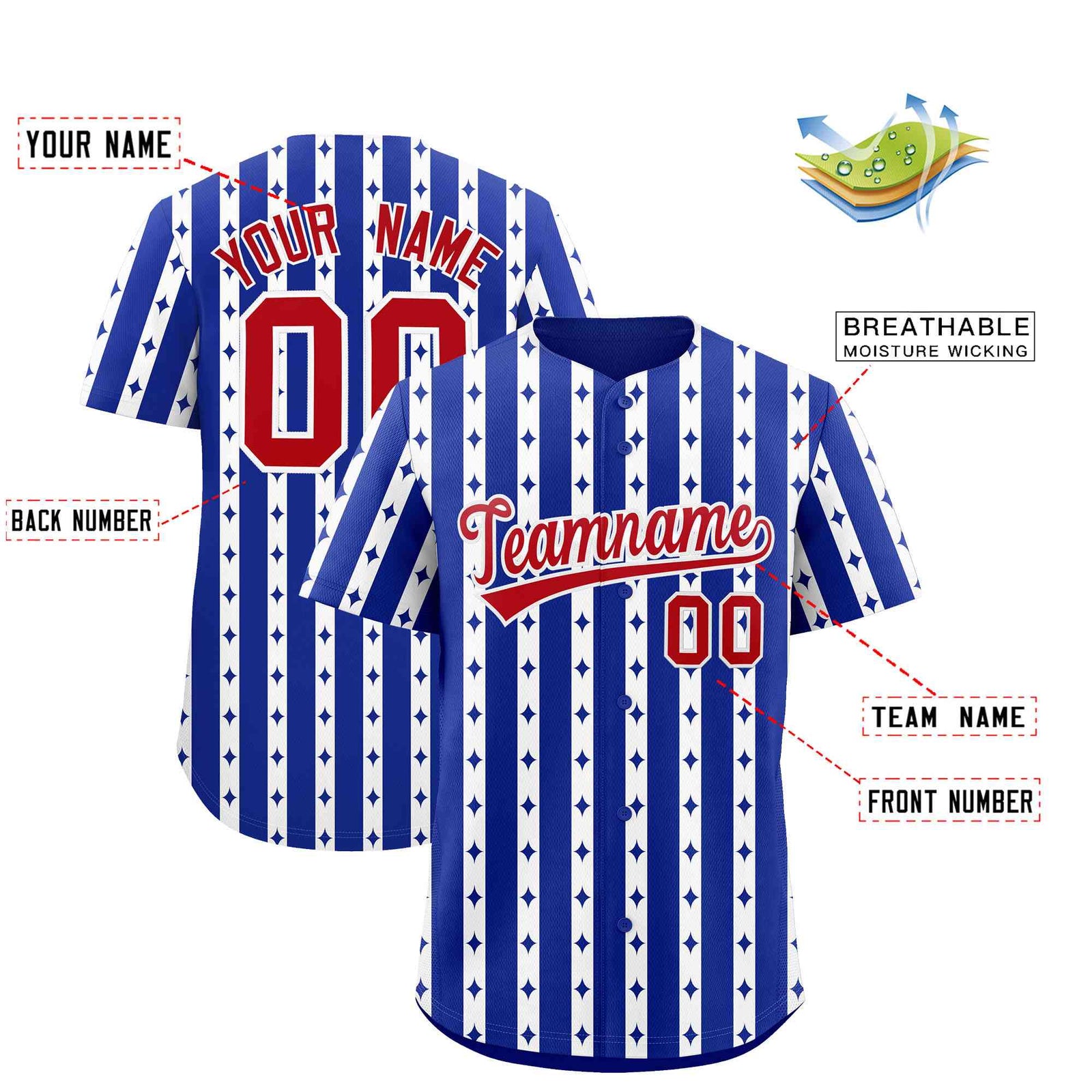 Custom Royal Blue White Star Pattern Thick Stripes Baseball Jersey| KXKSHOP