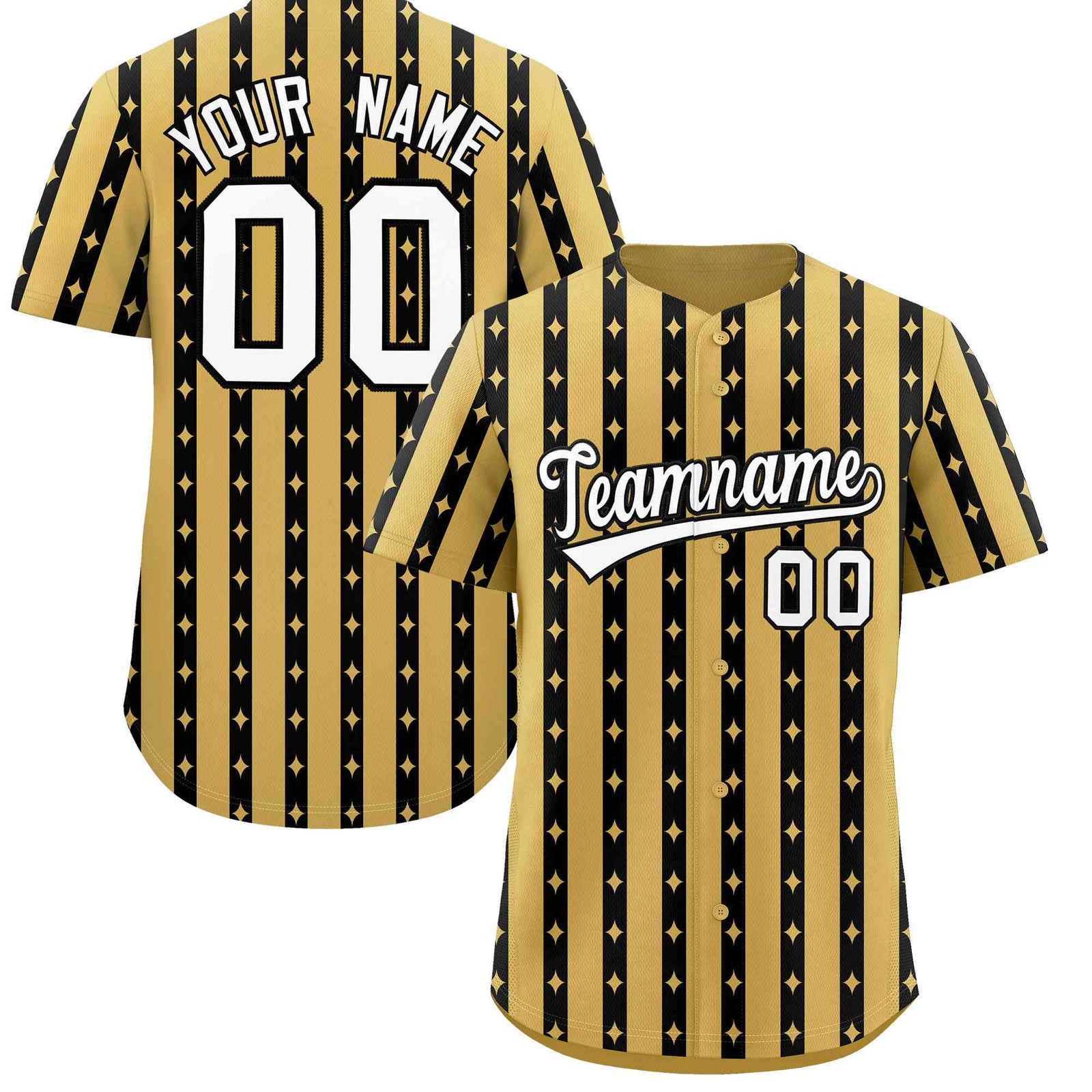 Custom Old Gold Black Star Pattern Thick Stripes Baseball Jersey| KXKSHOP