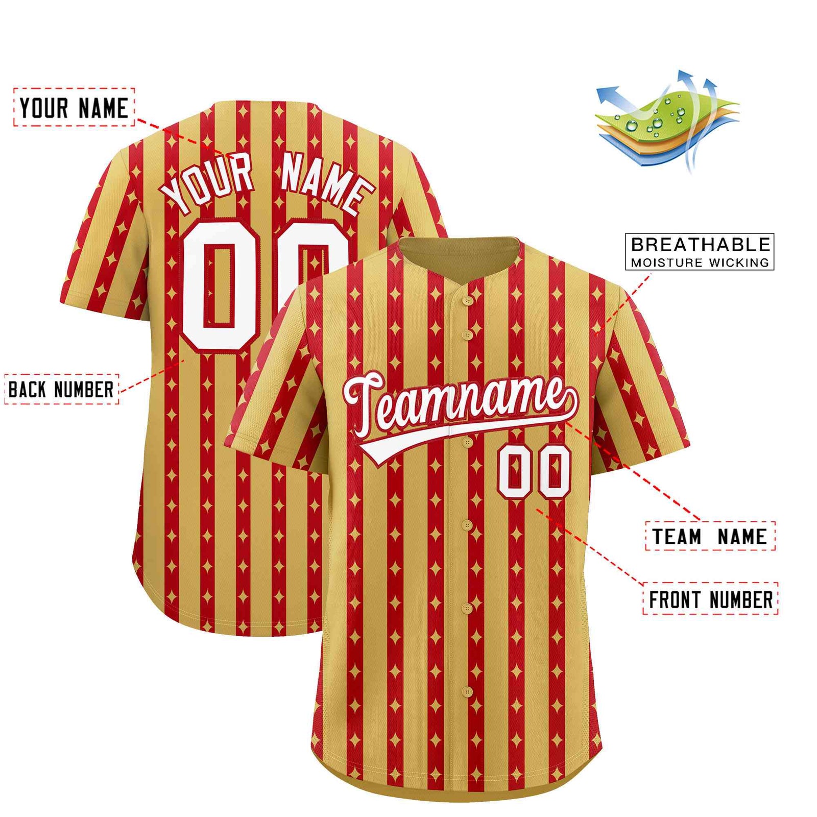 Custom Old Gold Red Star Pattern Thick Stripes Baseball Jersey| KXKSHOP