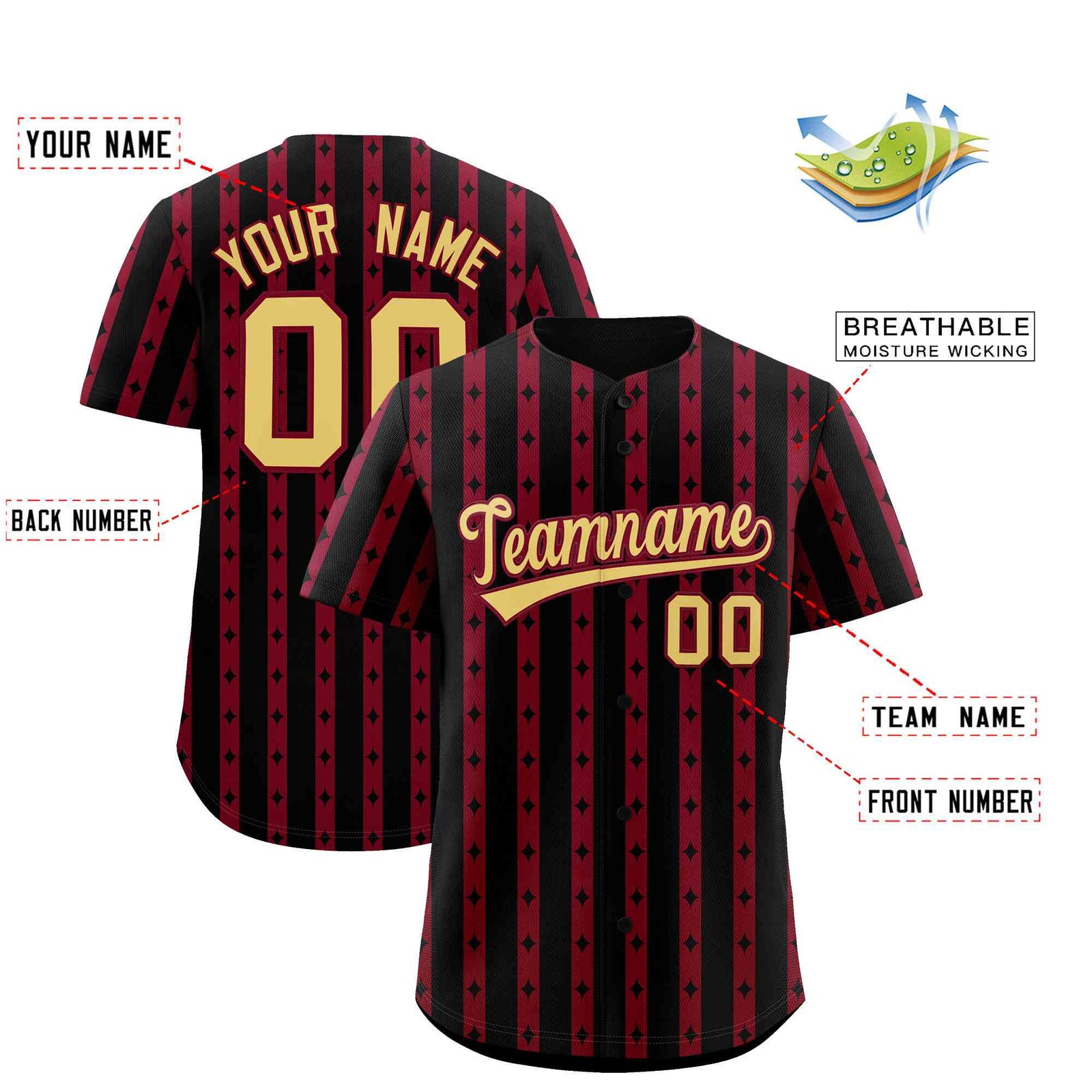 Custom Black Crimson Star Pattern Thick Stripes Baseball Jersey| KXKSHOP