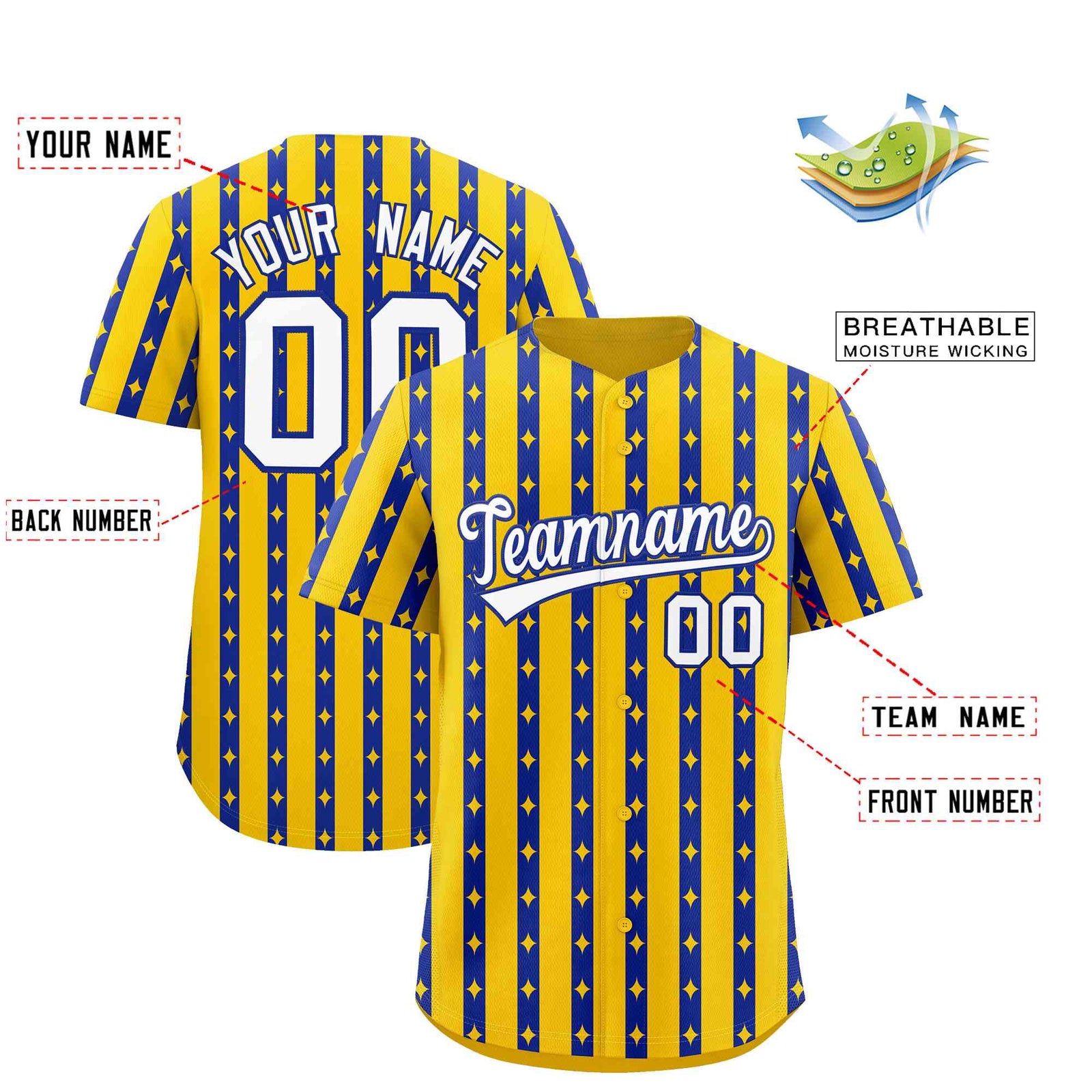 Custom Gold Royal Blue Star Pattern Thick Stripes Baseball Jersey| KXKSHOP