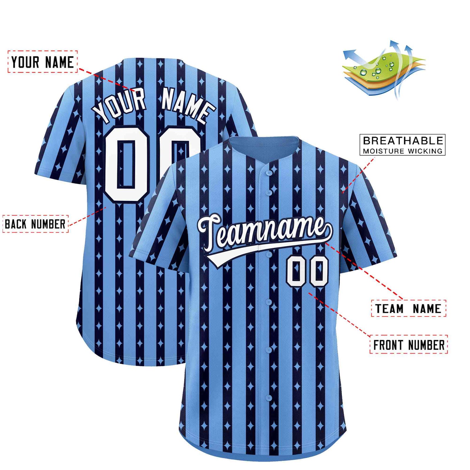Custom Light Blue Navy Star Pattern Thick Stripes Baseball Jersey| KXKSHOP