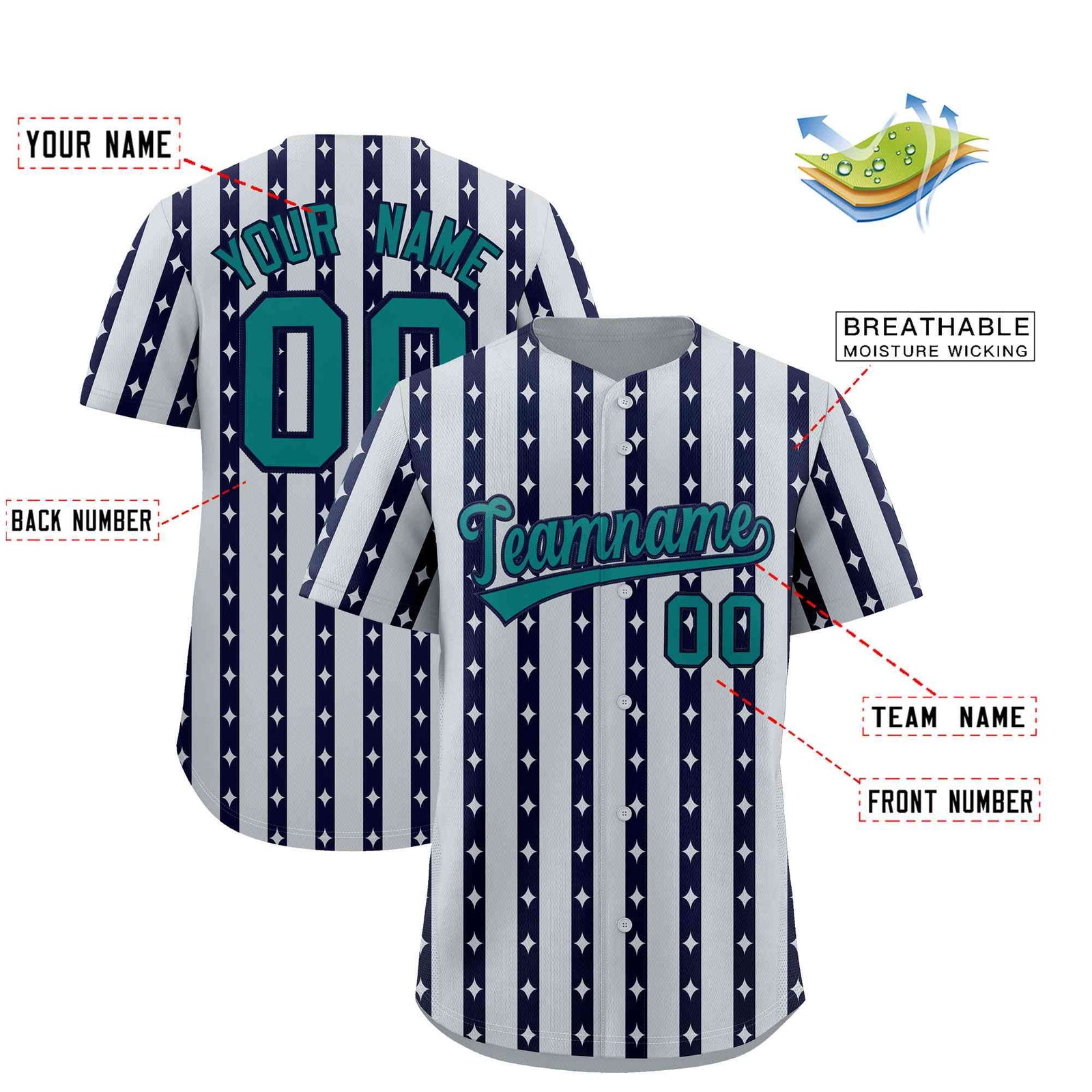 Custom Silver Navy Star Pattern Thick Stripes Baseball Jersey| KXKSHOP