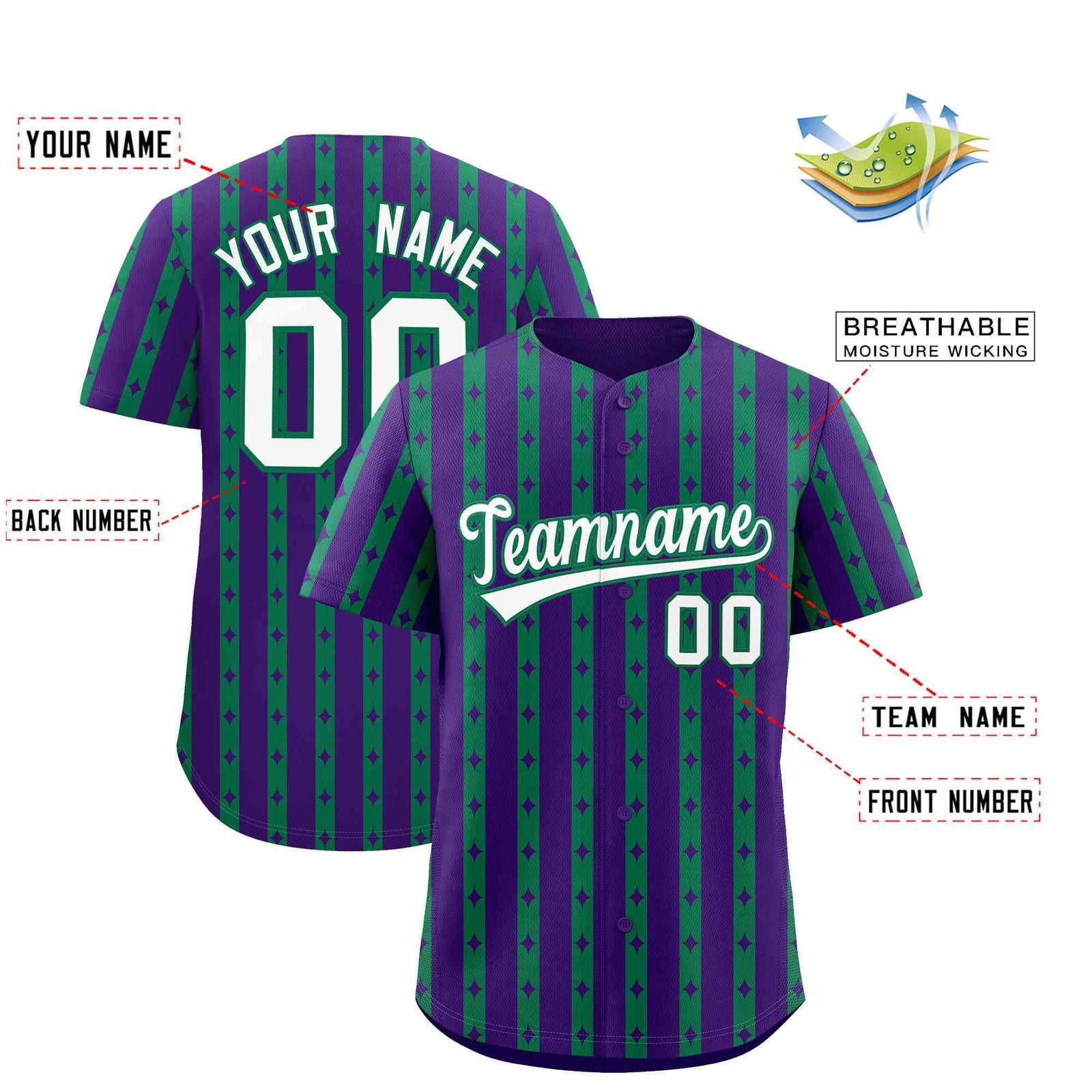Custom Purple Kelly Green Star Pattern Thick Stripes Baseball Jersey| KXKSHOP