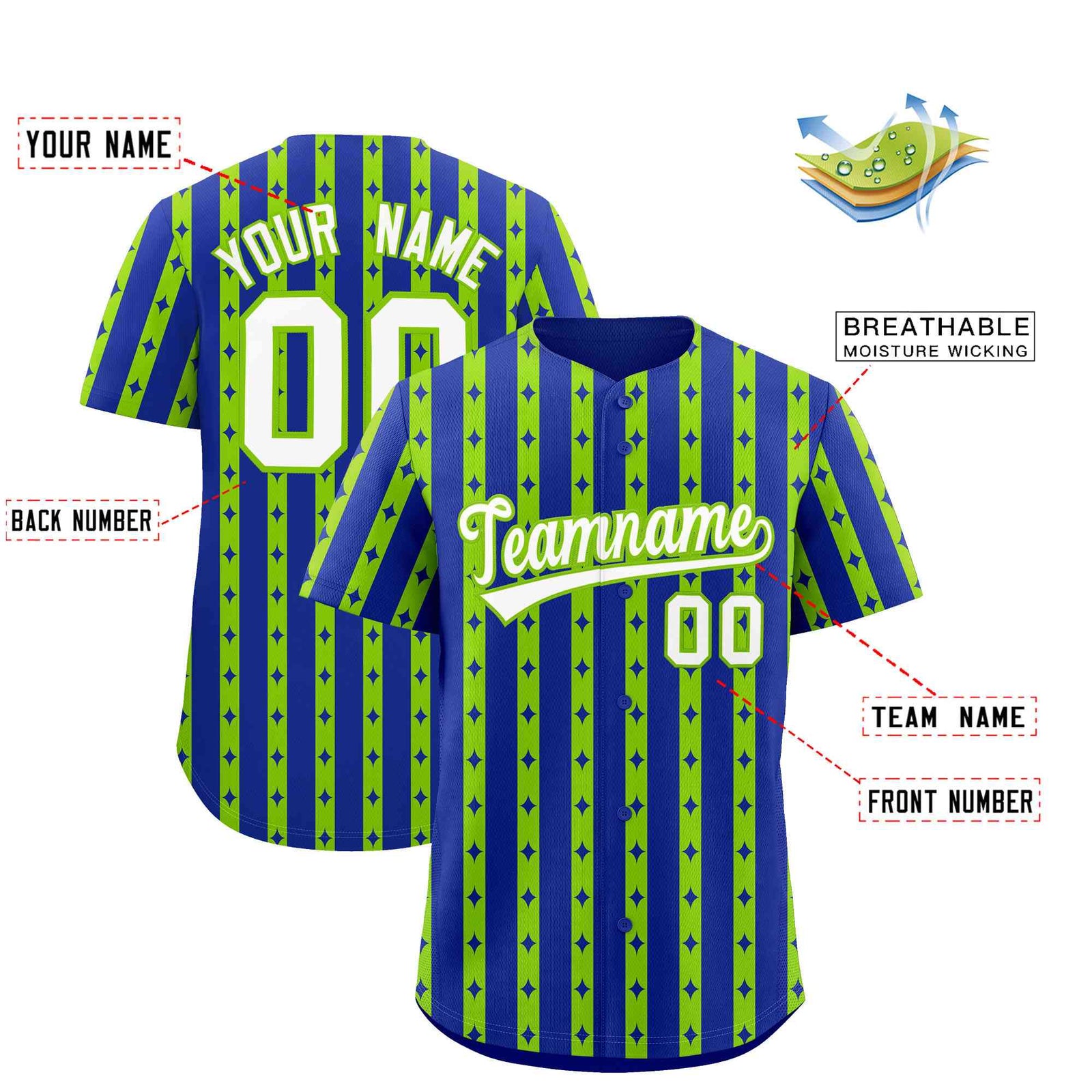 Custom Royal Blue Neon Green Star Pattern Thick Stripes Baseball Jersey| KXKSHOP