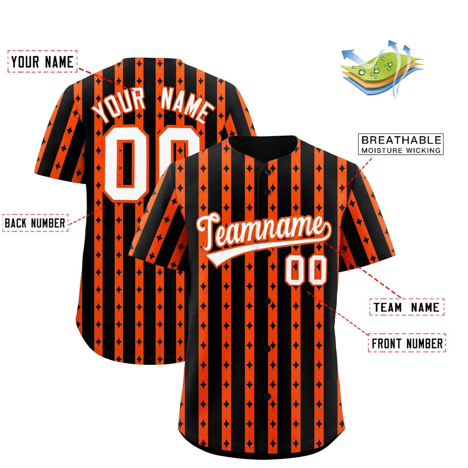 Custom Black Orange Star Pattern Thick Stripes Baseball Jersey| KXKSHOP