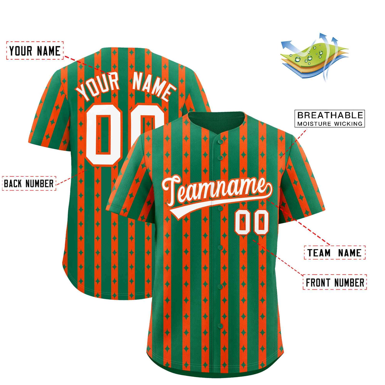 Custom Kelly Green Orange Star Pattern Thick Stripes Baseball Jersey| KXKSHOP