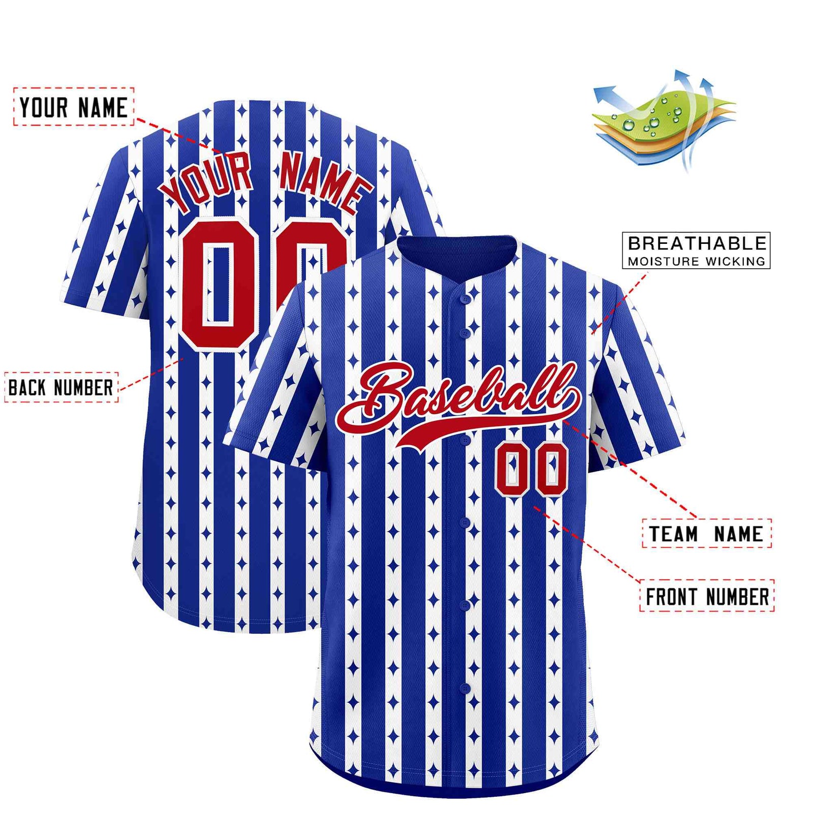Custom Royal Blue White Star Pattern Thick Stripes Baseball Jersey