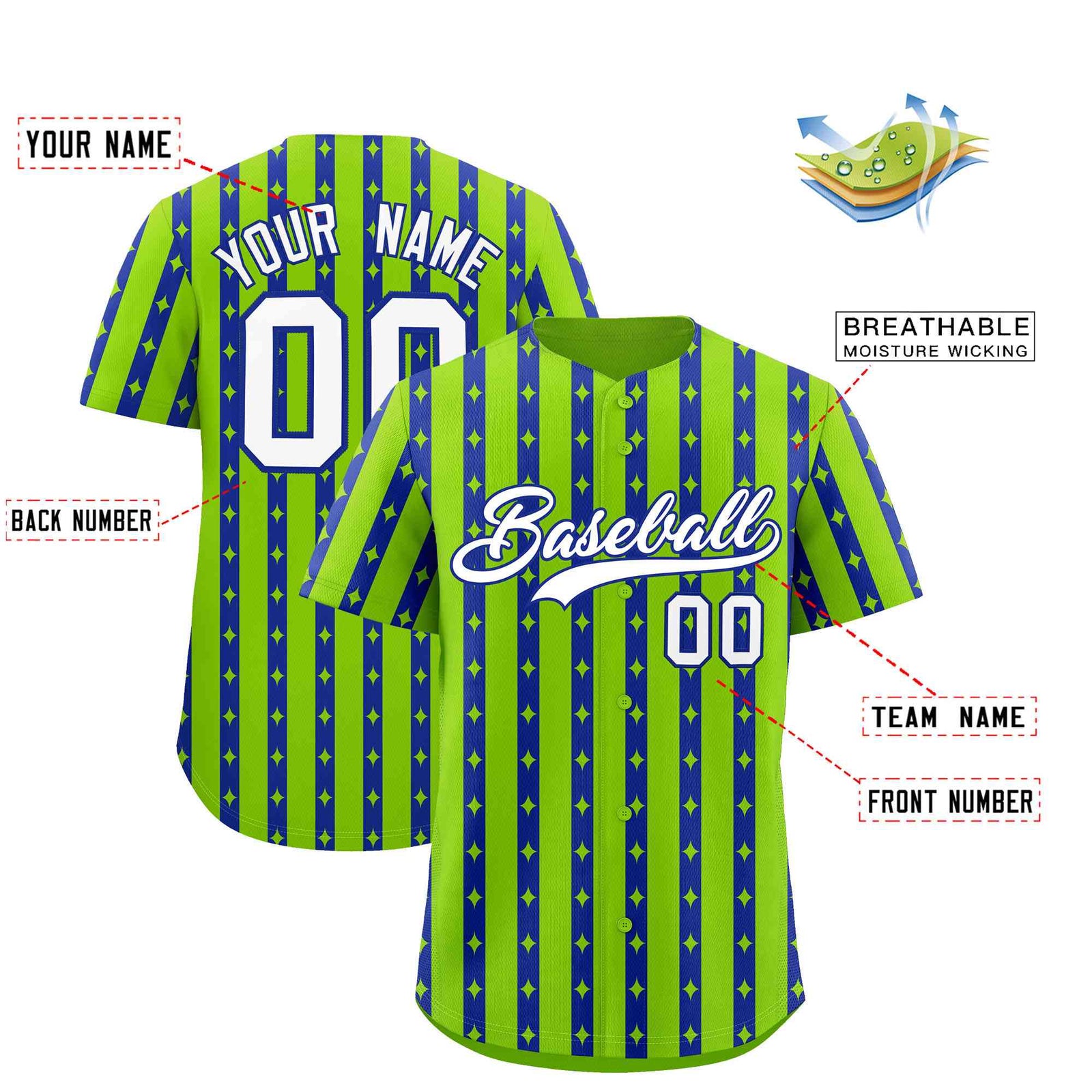 Custom Neon Green Royal Blue Star Pattern Thick Stripes Baseball Jersey