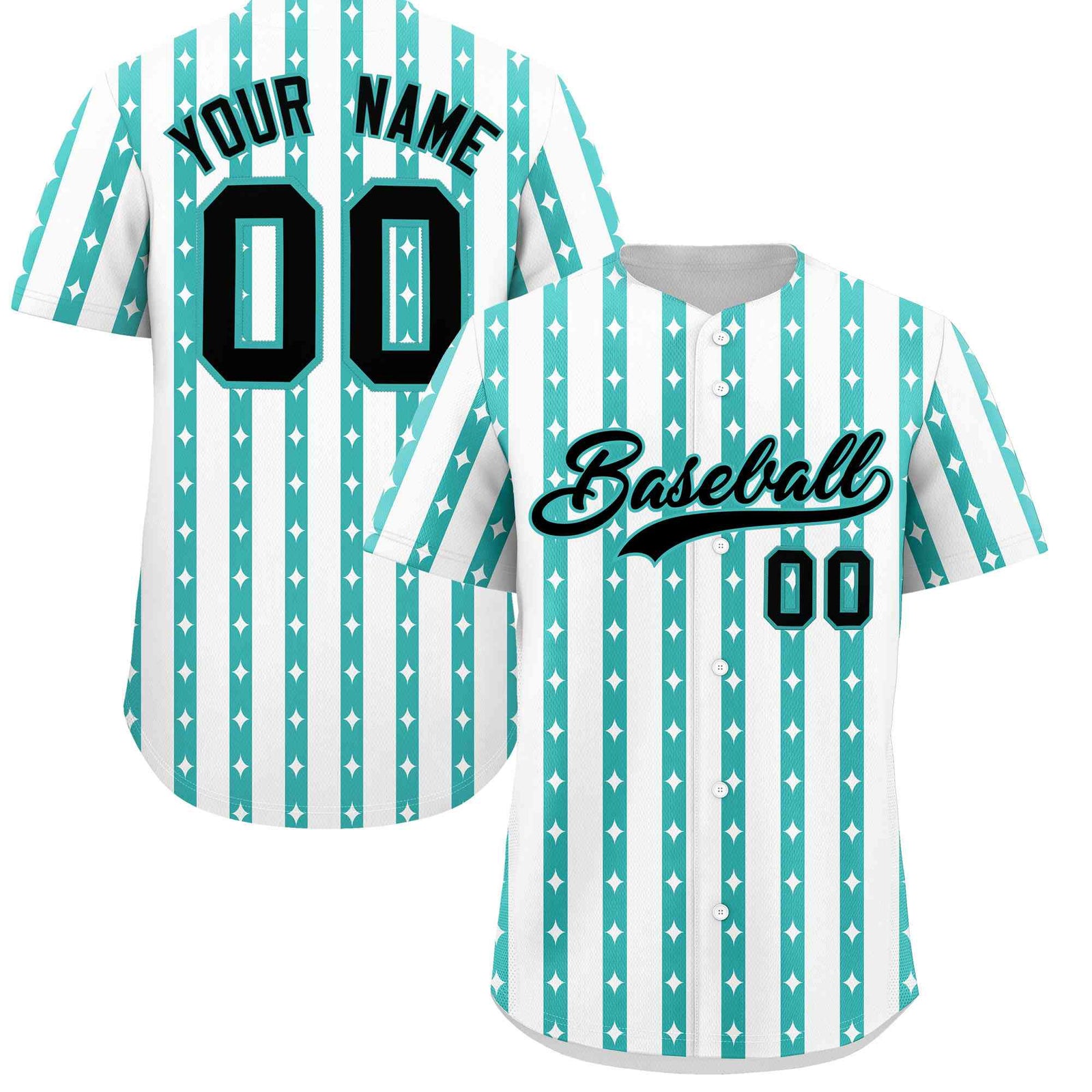 Custom White Teal Star Pattern Thick Stripes Baseball Jersey