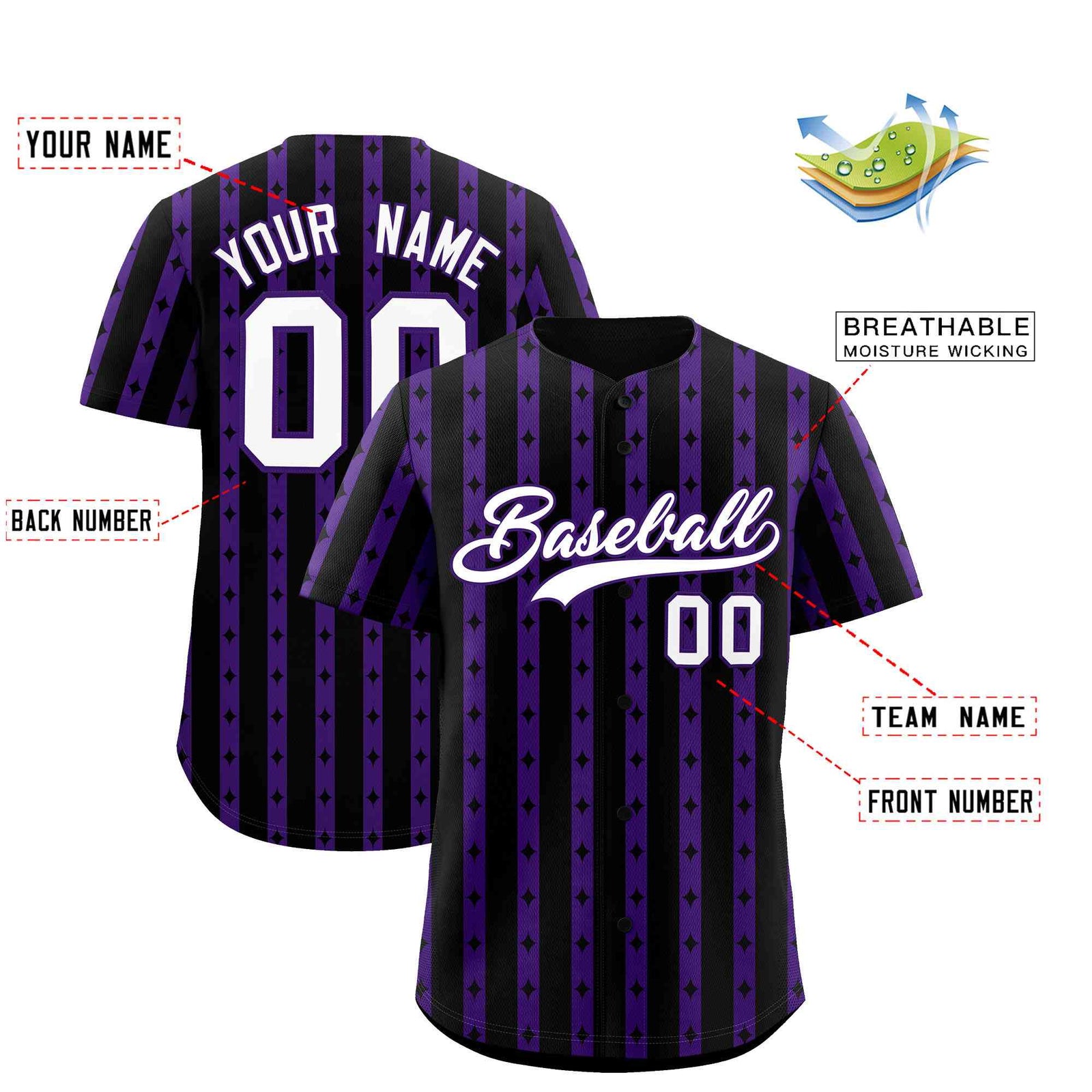 Custom Black Purple Star Pattern Thick Stripes Baseball Jersey