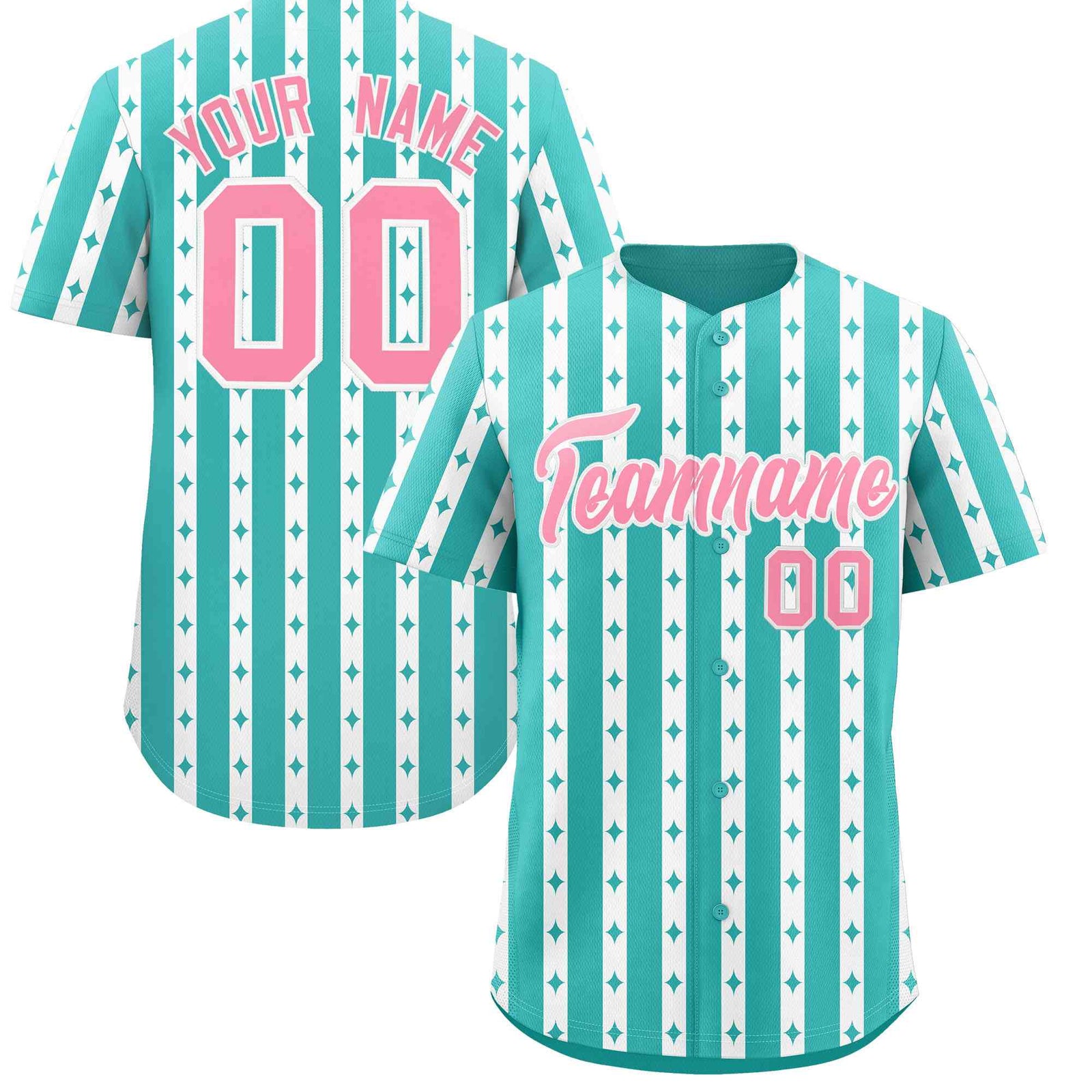 Custom Teal White Star Pattern Thick Stripes Baseball Jersey