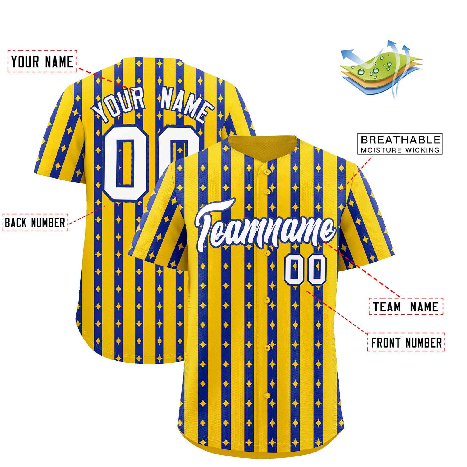 Custom Gold Royal Blue Star Pattern Thick Stripes Baseball Jersey