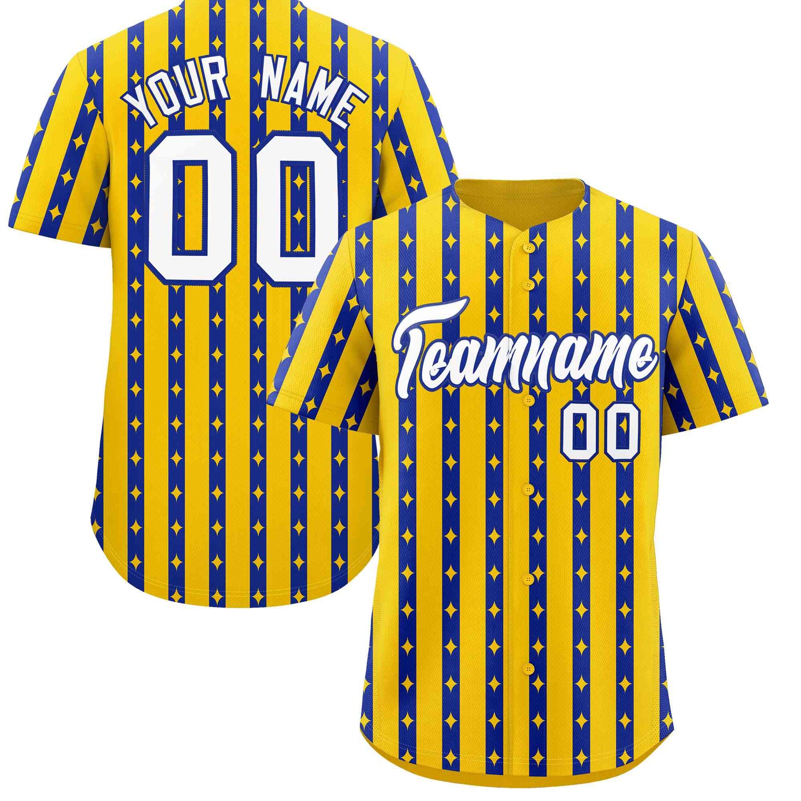 Custom Gold Royal Blue Star Pattern Thick Stripes Baseball Jersey