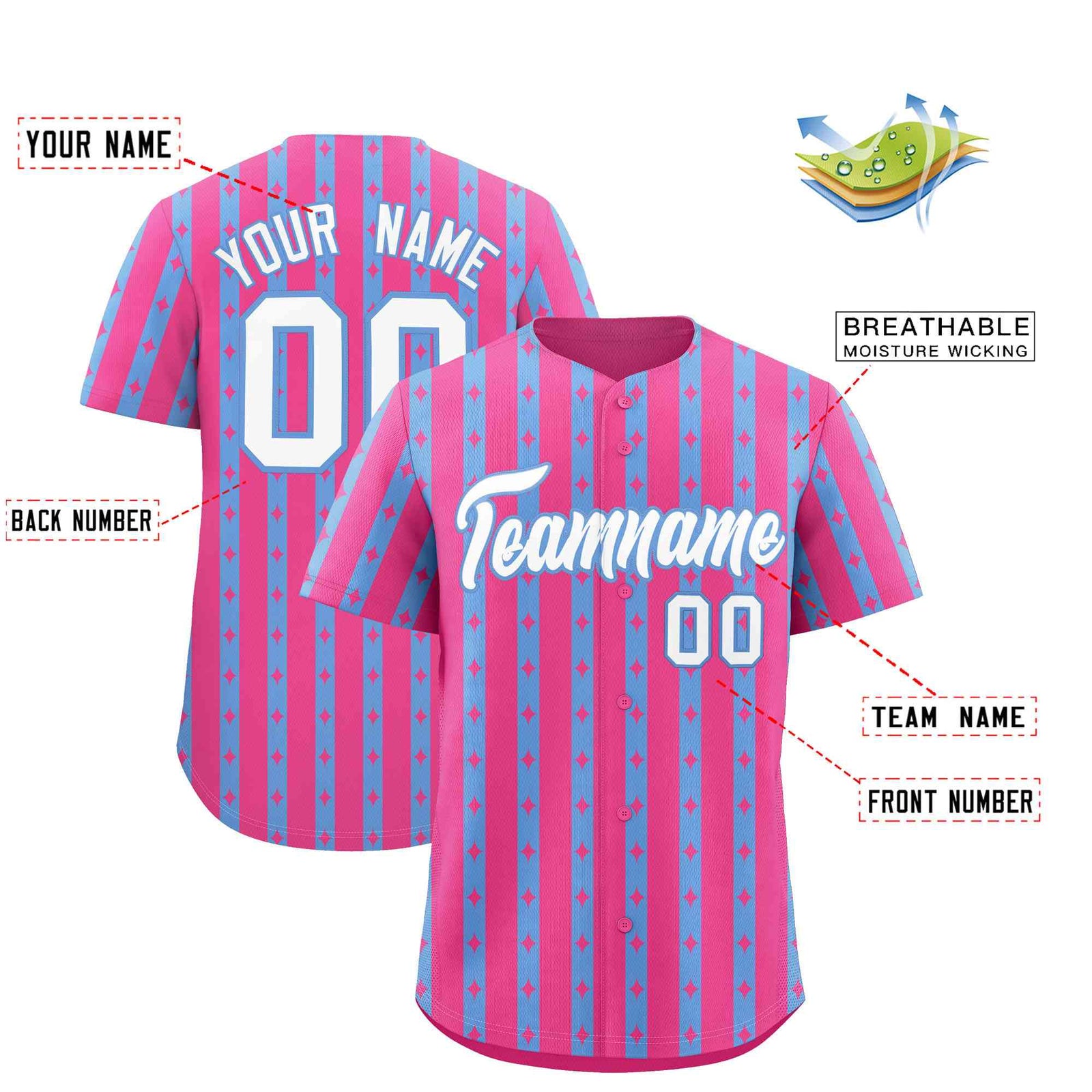 Custom Pink Light Blue Star Pattern Thick Stripes Baseball Jersey