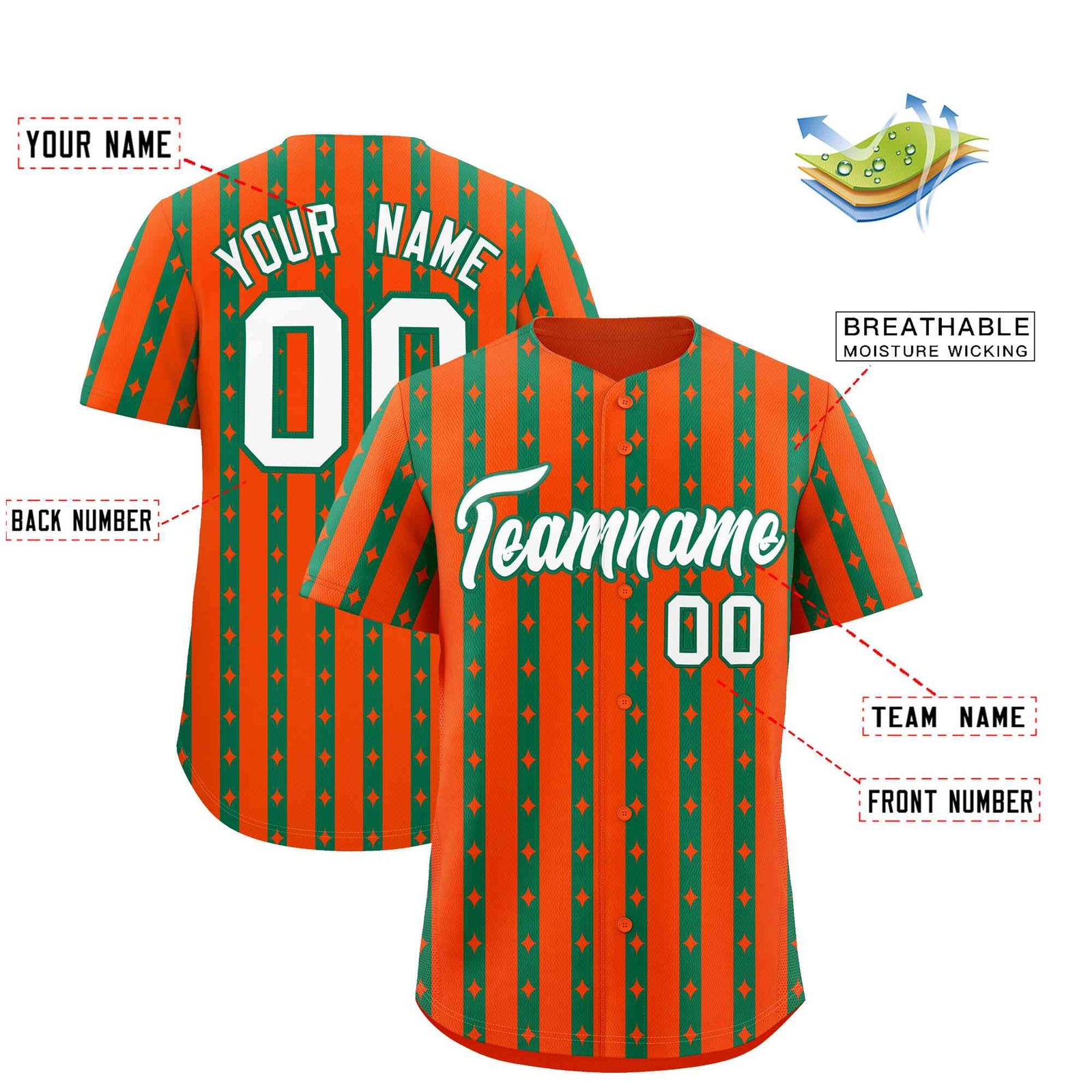 Custom Orange Kelly Green Star Pattern Thick Stripes Baseball Jersey
