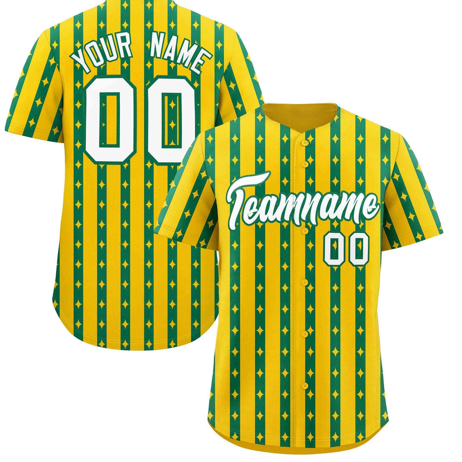 Custom Gold Kelly Green Star Pattern Thick Stripes Baseball Jersey