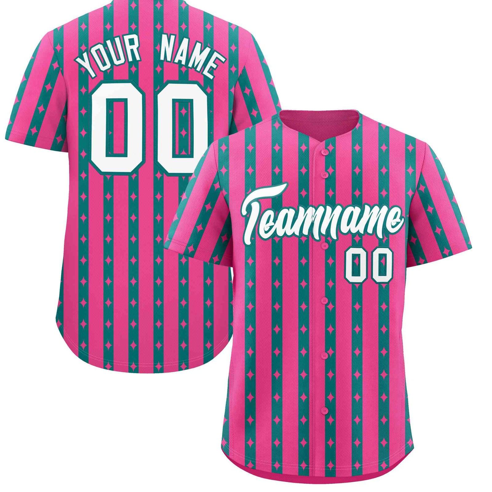 Custom Pink Teal Star Pattern Thick Stripes Baseball Jersey