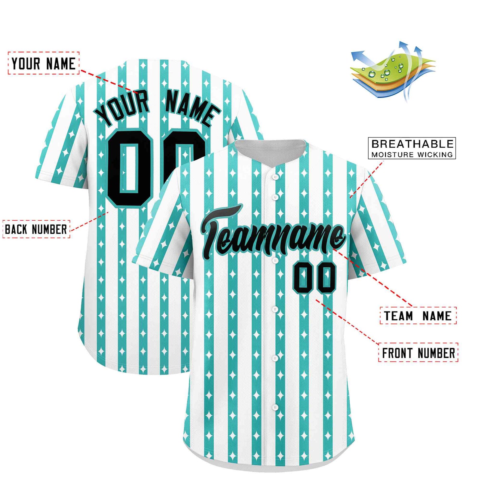 Custom White Teal Star Pattern Thick Stripes Baseball Jersey
