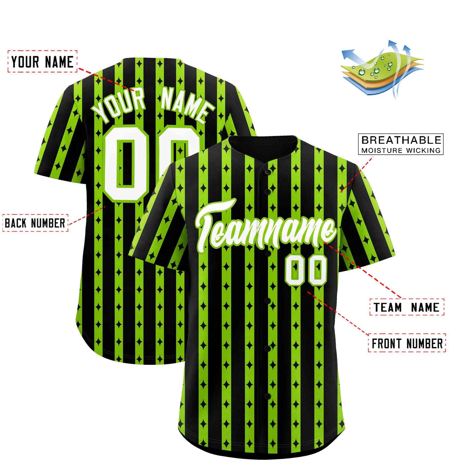 Custom Black Neon Green Star Pattern Thick Stripes Baseball Jersey