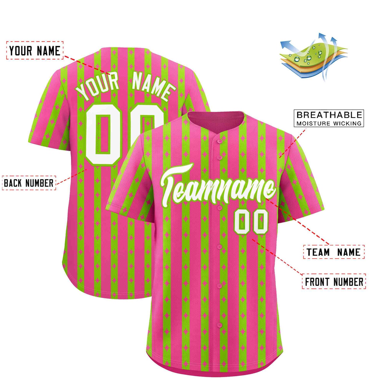 Custom Pink Neon Green Star Pattern Thick Stripes Baseball Jersey