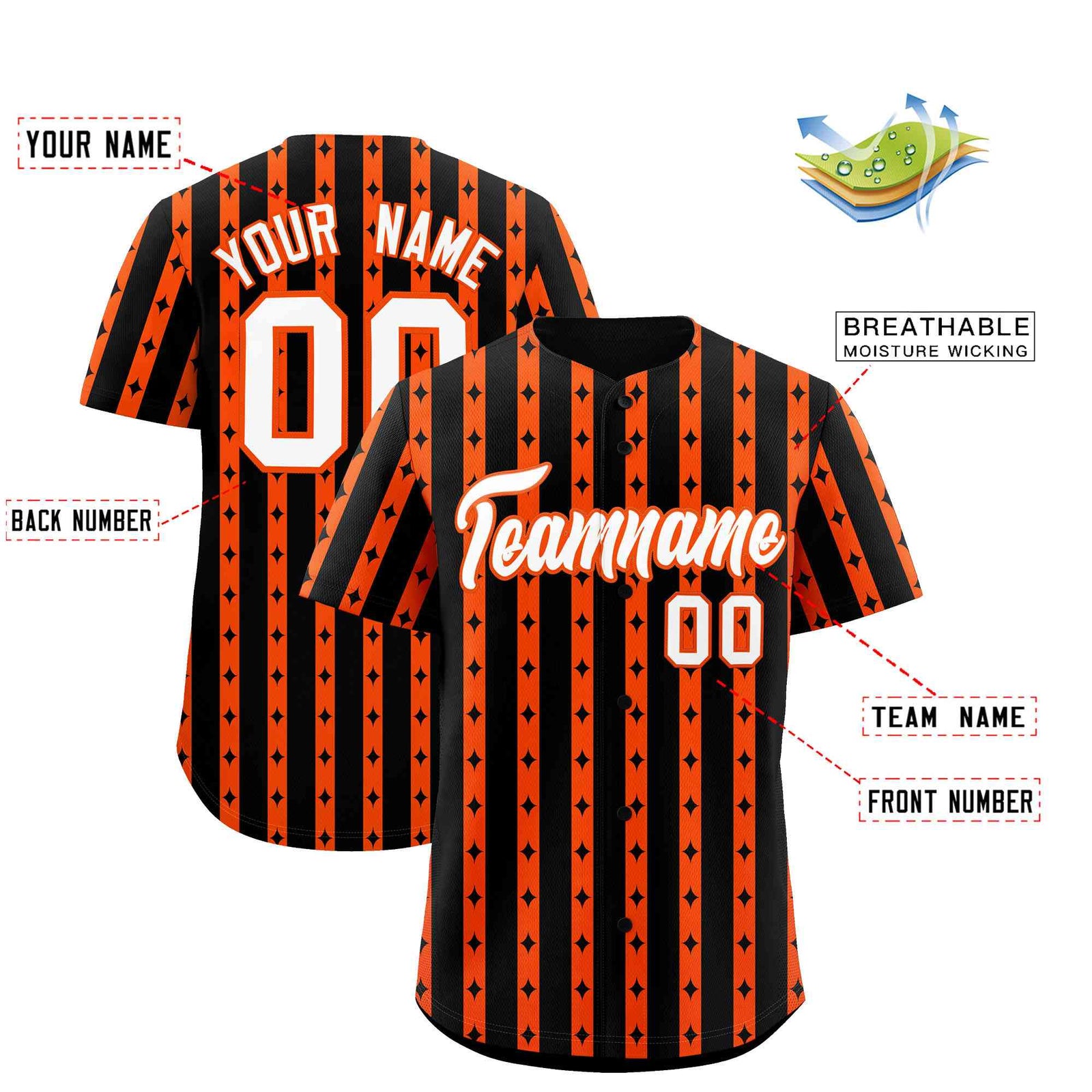 Custom Black Orange Star Pattern Thick Stripes Baseball Jersey