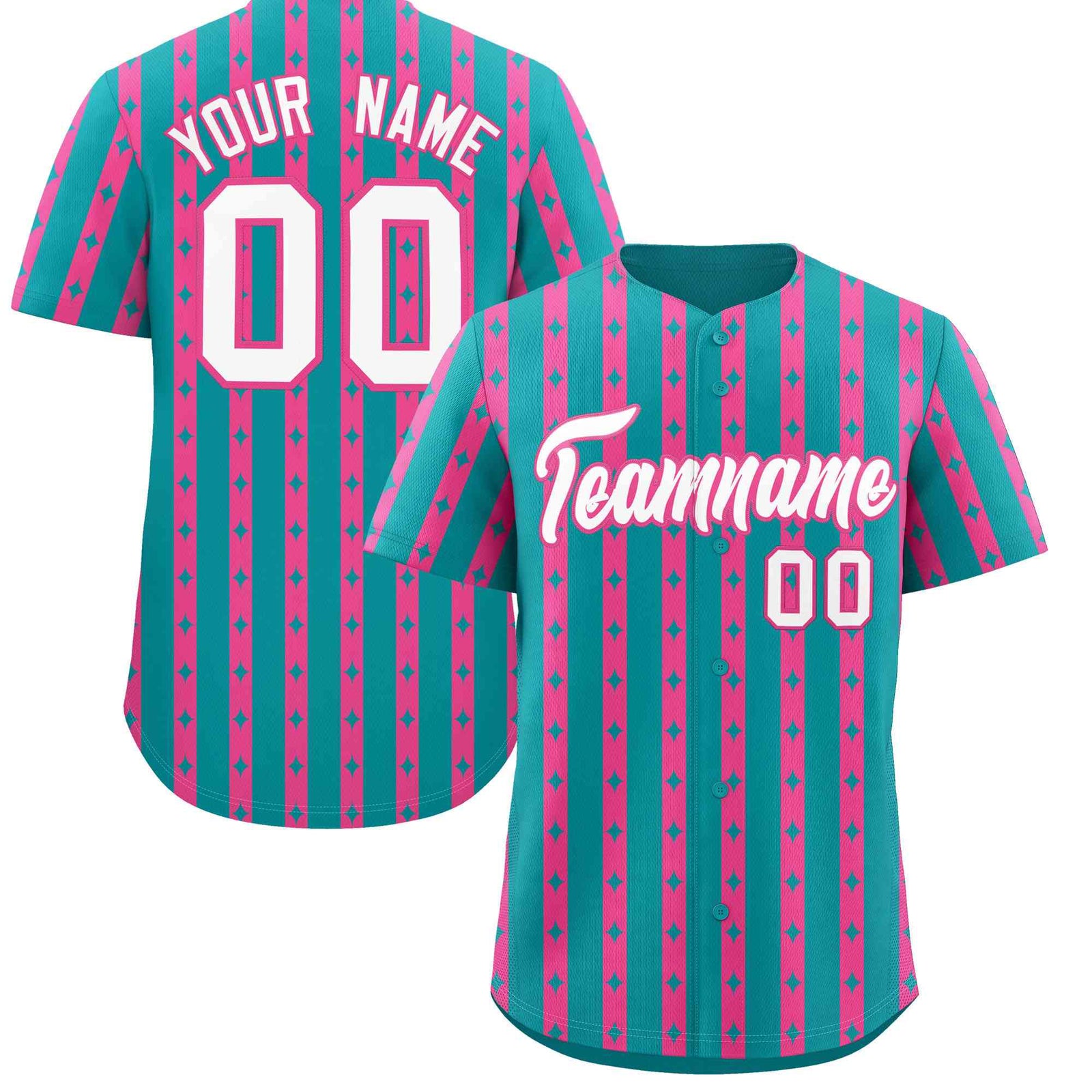 Custom Aqua Pink Star Pattern Thick Stripes Baseball Jersey
