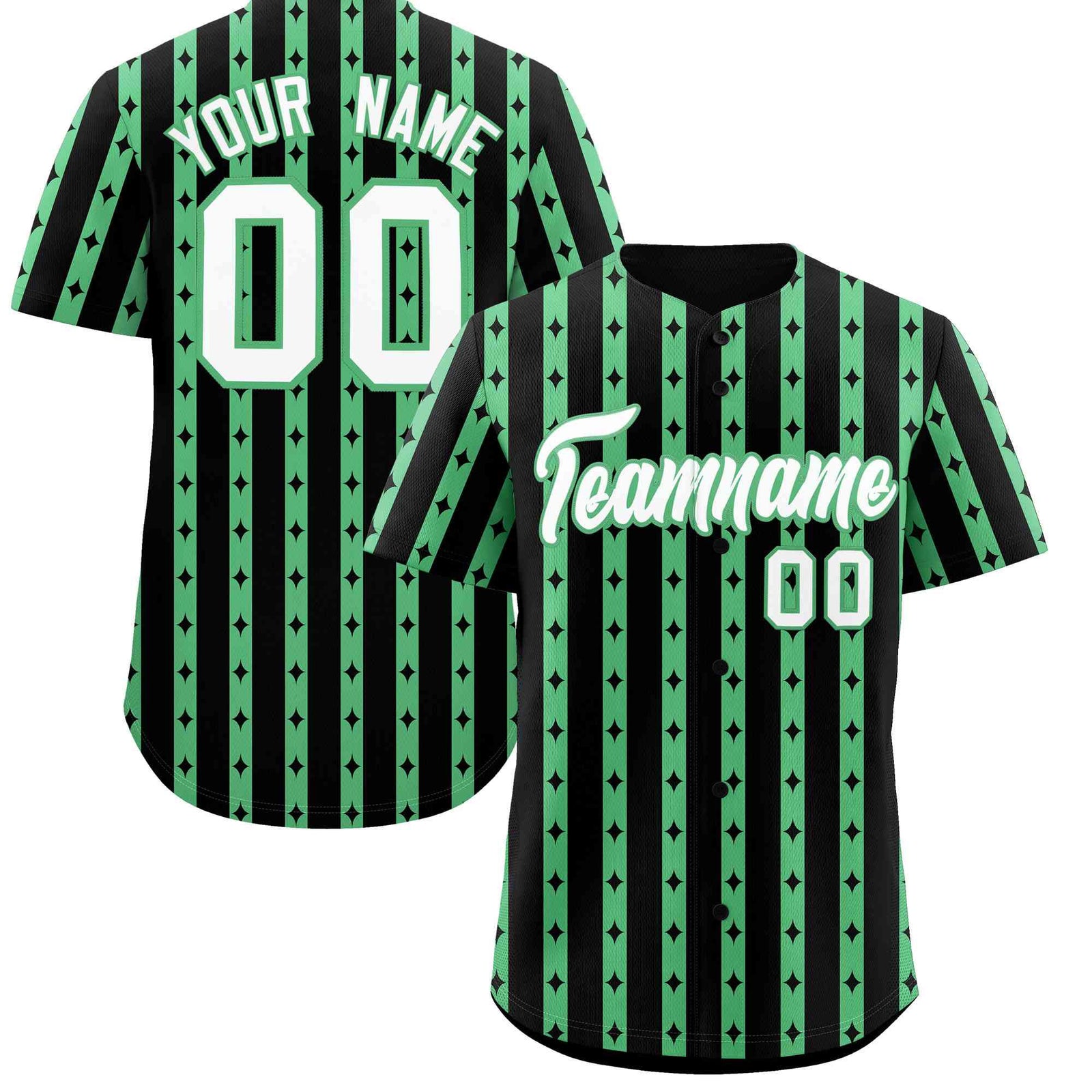 Custom Black Neon Green Star Pattern Thick Stripes Baseball Jersey