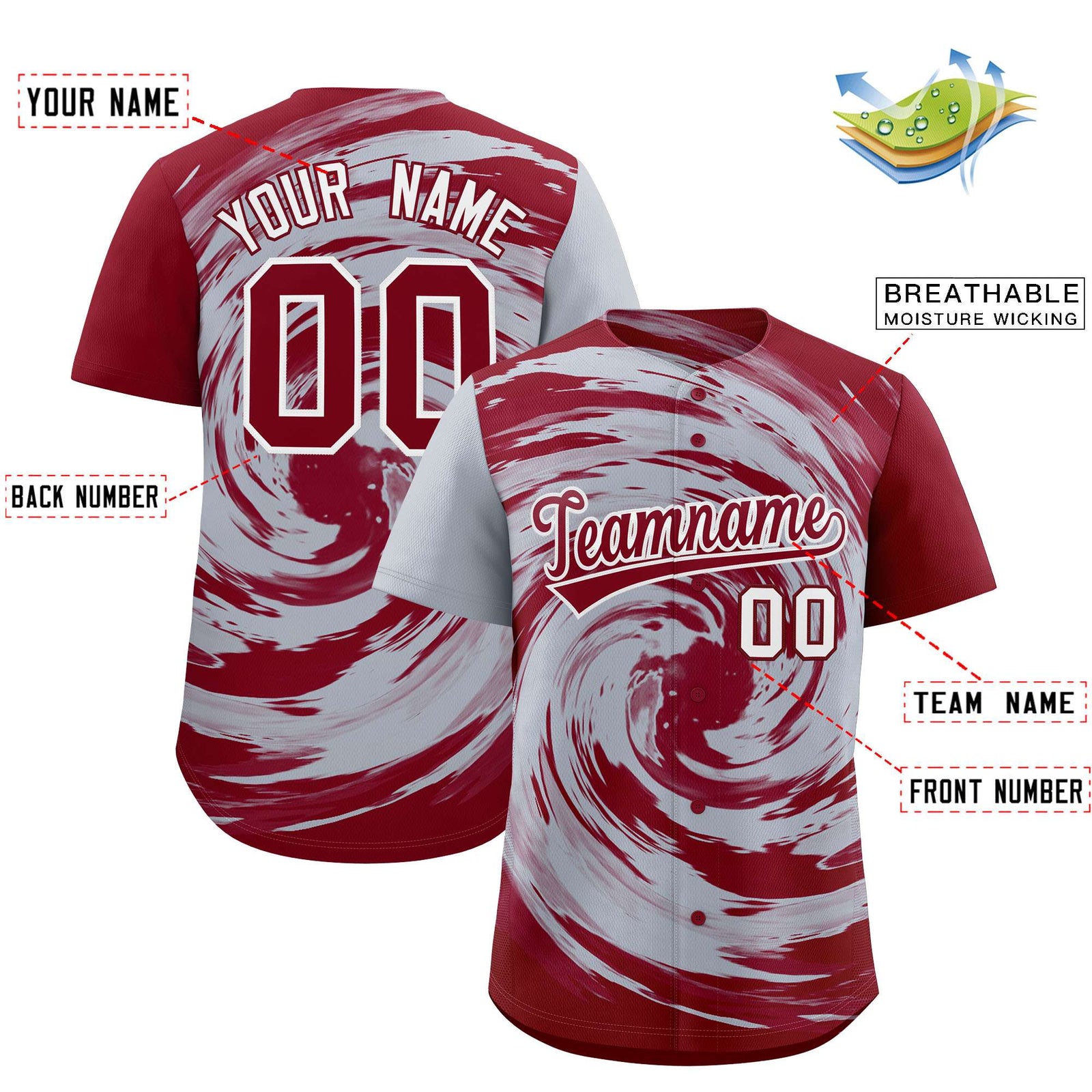 Custom Silver Crimson Swirl Graffiti Pattern Authentic Baseball Jersey