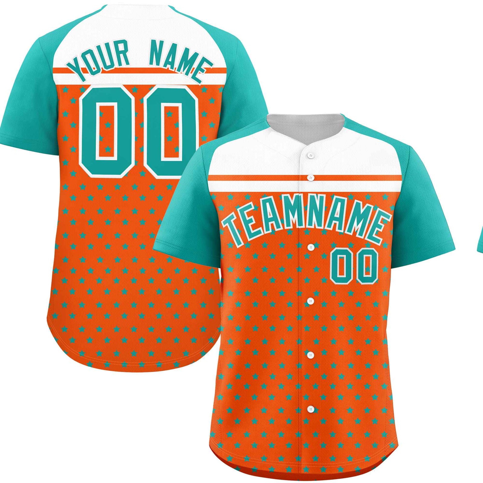 Custom Orange Aqua-White Raglan Sleeve Personalized Star Print Authentic Baseball Jersey