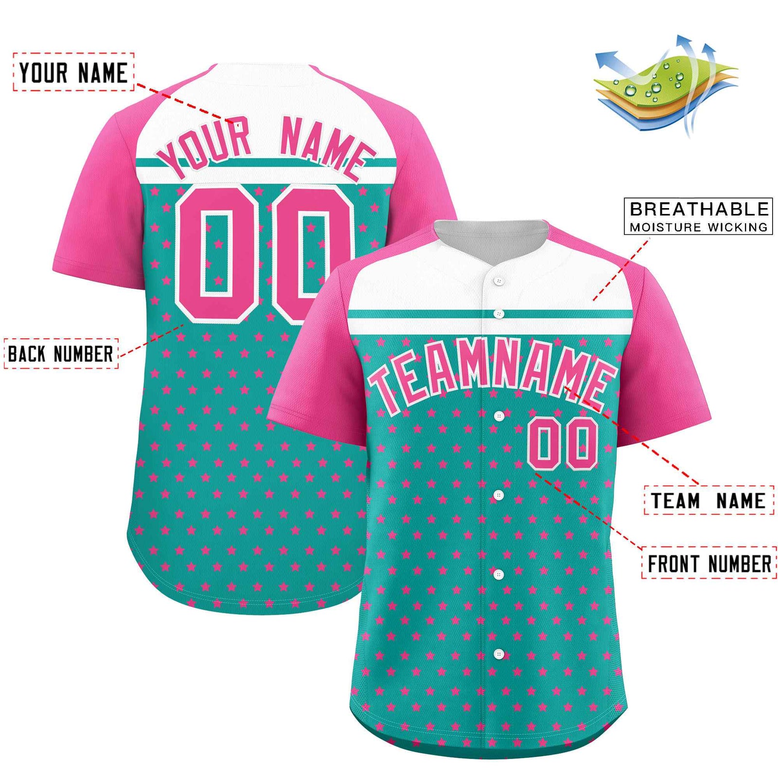 Custom Aqua Pink-White Raglan Sleeve Personalized Star Print Authentic Baseball Jersey