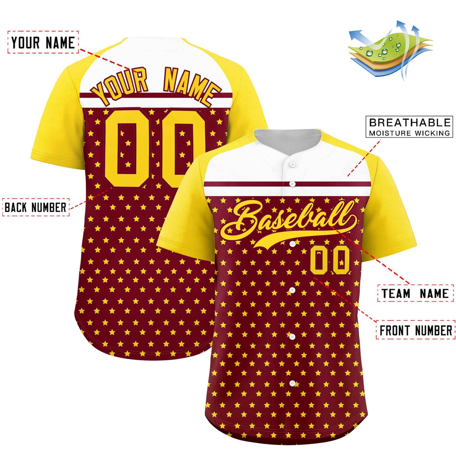 Custom Crimson Gold-White Raglan Sleeve Personalized Star Print Authentic Baseball Jersey