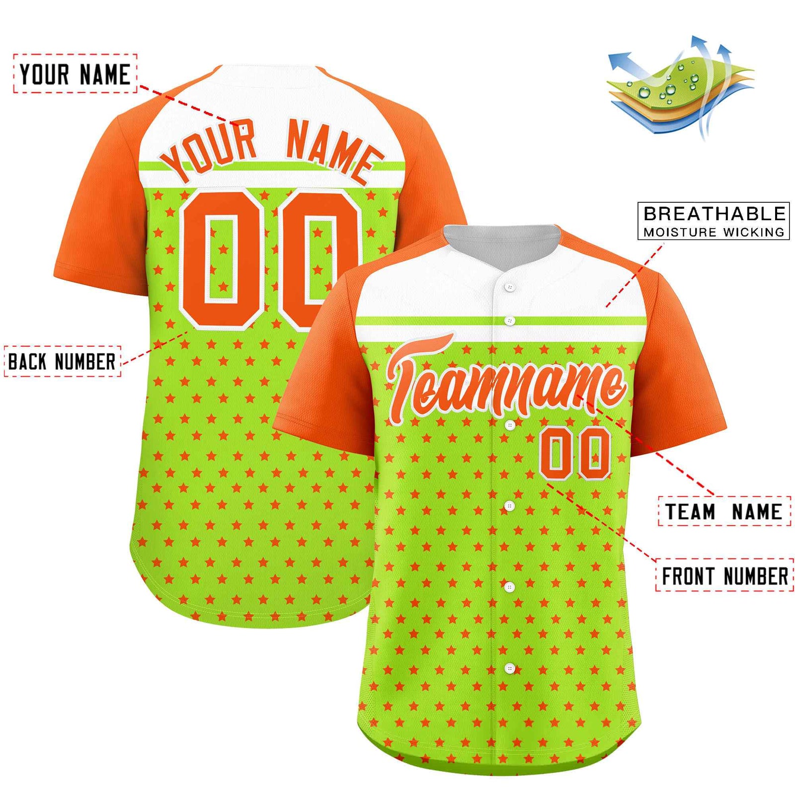 Custom Neon Green Orange-White Raglan Sleeve Personalized Star Print Authentic Baseball Jersey