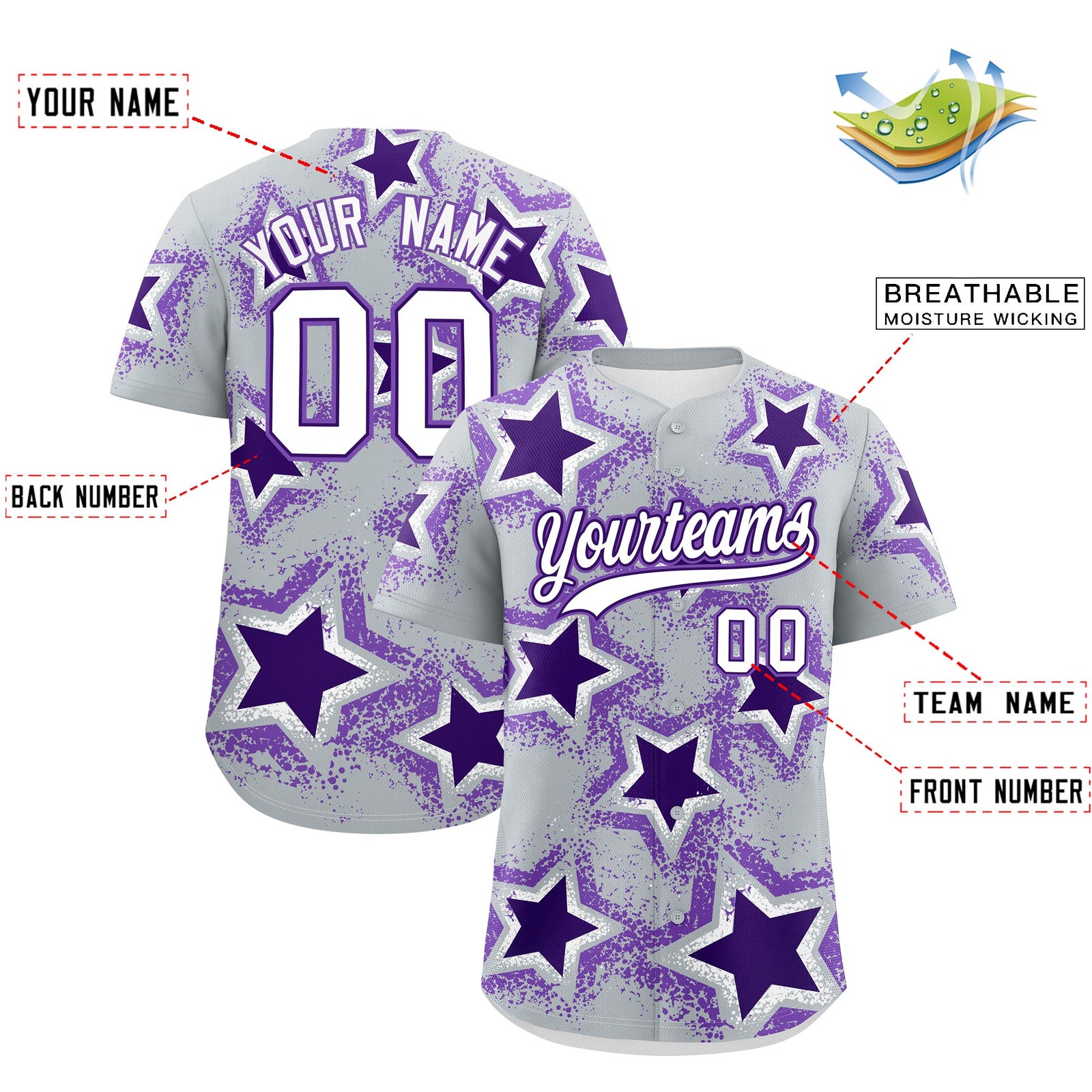 Custom Silver Purple White Star Graffiti Team Baseball Jerseys With Custom Names, Numbers & Logos Lightweight Baseball Jersey| KXKSHOP