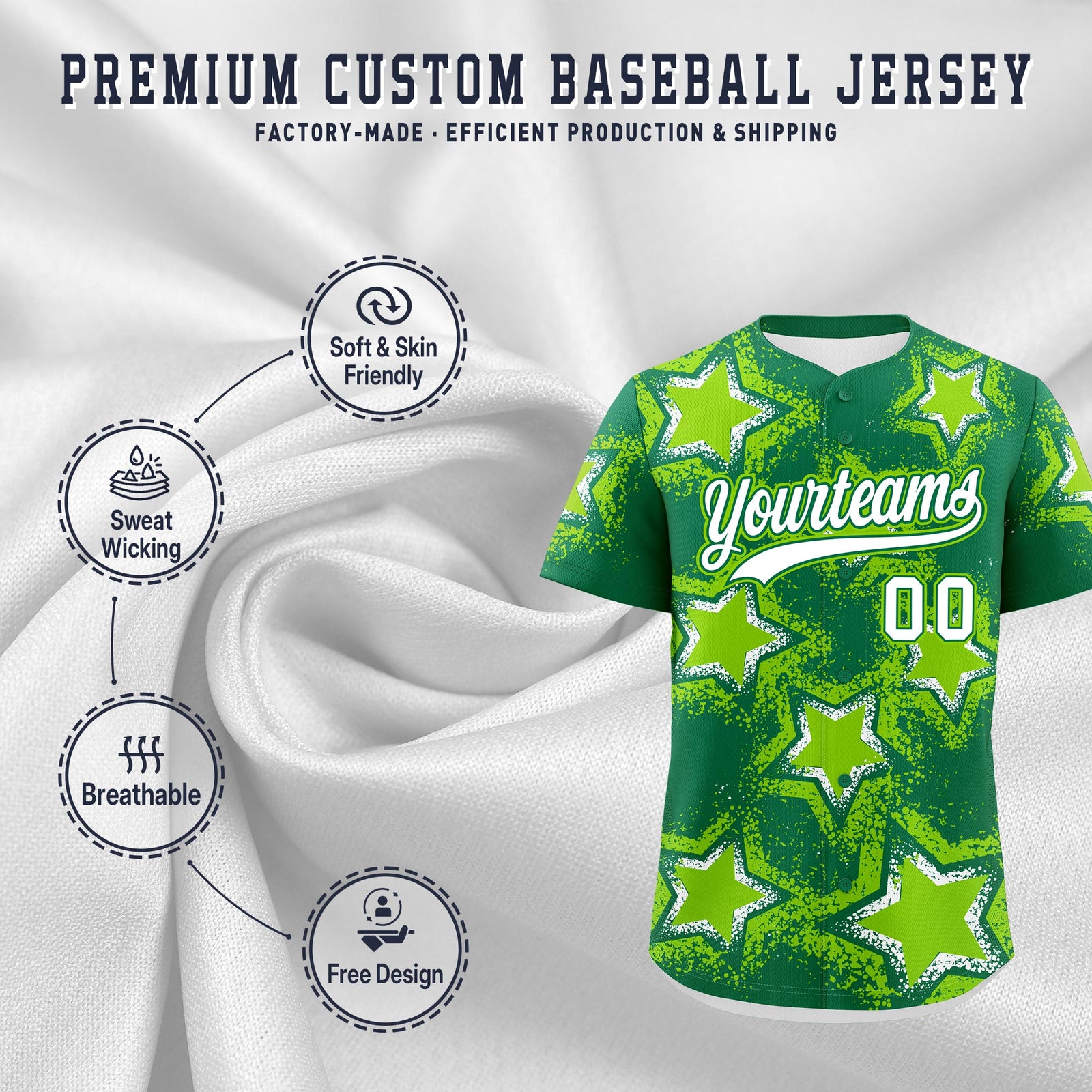 Custom Kelly Green Neon Green White Star Graffiti Team Baseball Jerseys With Custom Names, Numbers & Logos Stretch Fabric Baseball Jersey| KXKSHOP