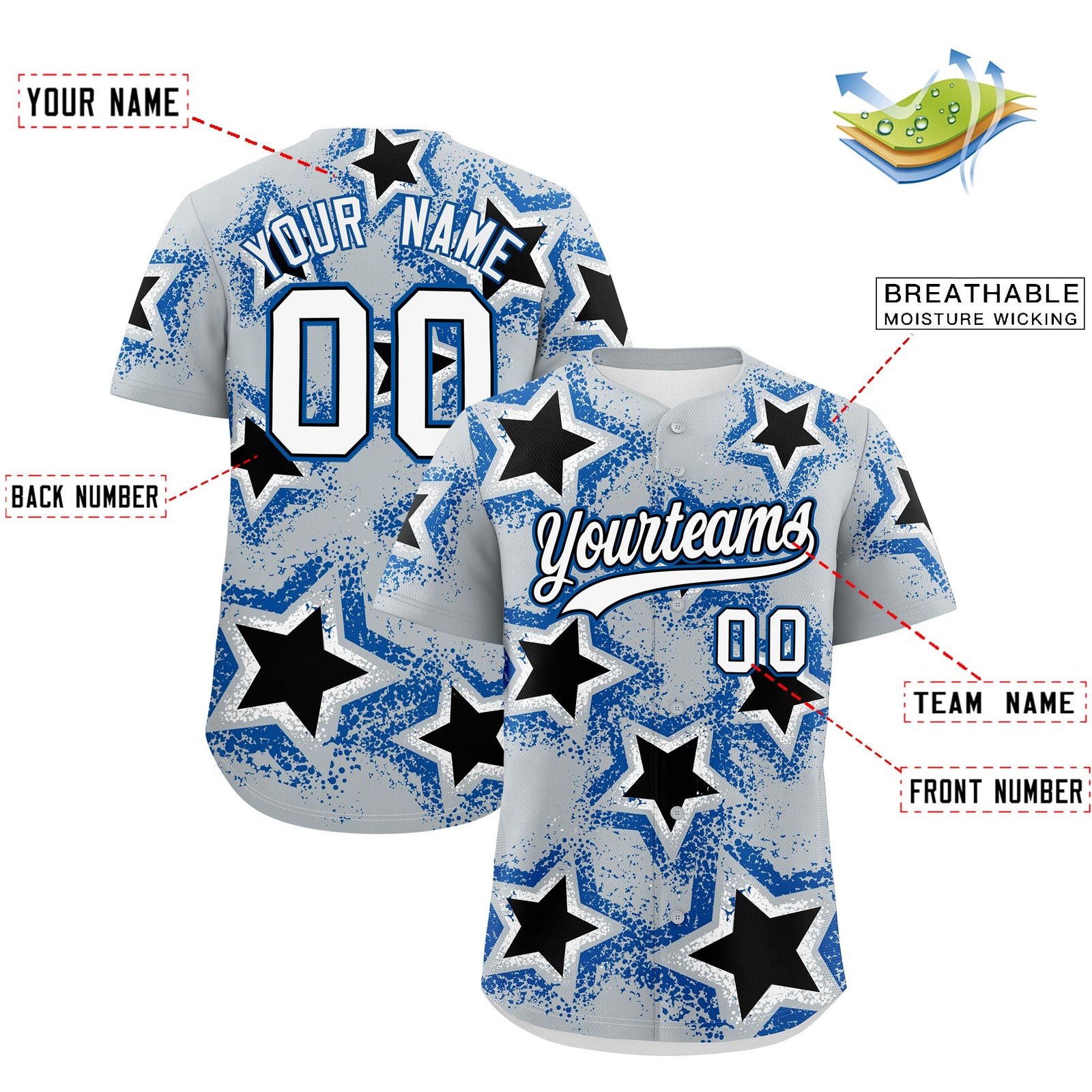 Custom Silver Black Royal Star Graffiti Team Baseball Jerseys With Custom Names, Numbers & Logos Lightweight Baseball Jersey| KXKSHOP