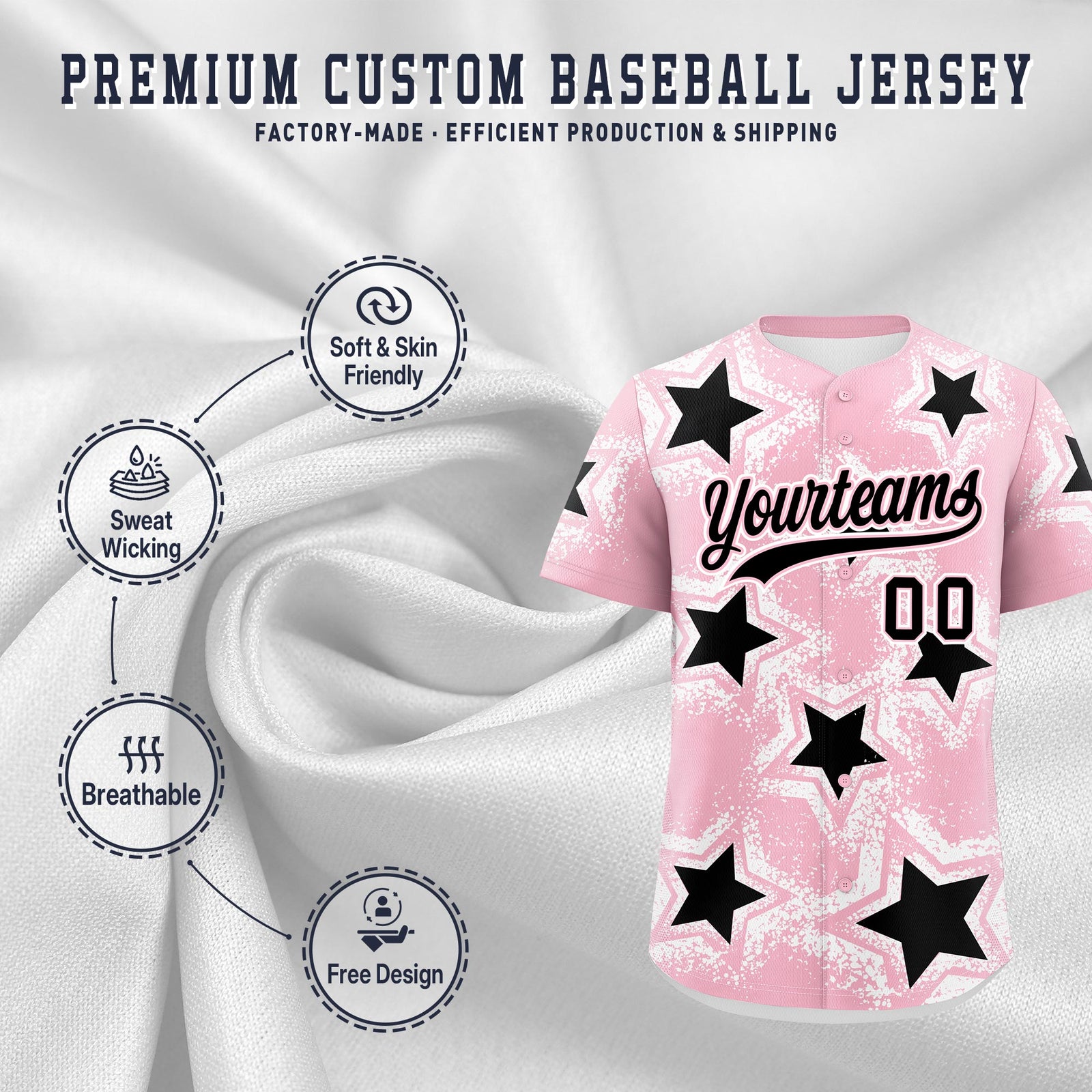 Custom Light Pink White Black Star Graffiti Team Baseball Jerseys With Custom Names, Numbers & Logos Stretch Fabric Baseball Jersey| KXKSHOP