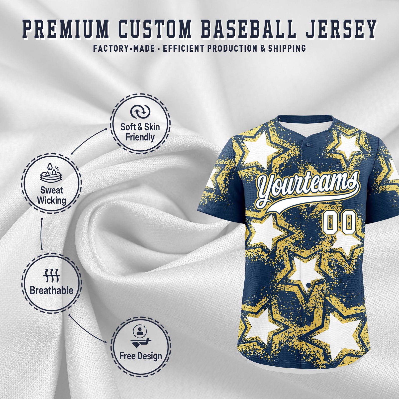 Custom Midnight Blue Khaki White Star Graffiti Team Baseball Jerseys With Custom Names, Numbers & Logos Lightweight Baseball Jersey| KXKSHOP
